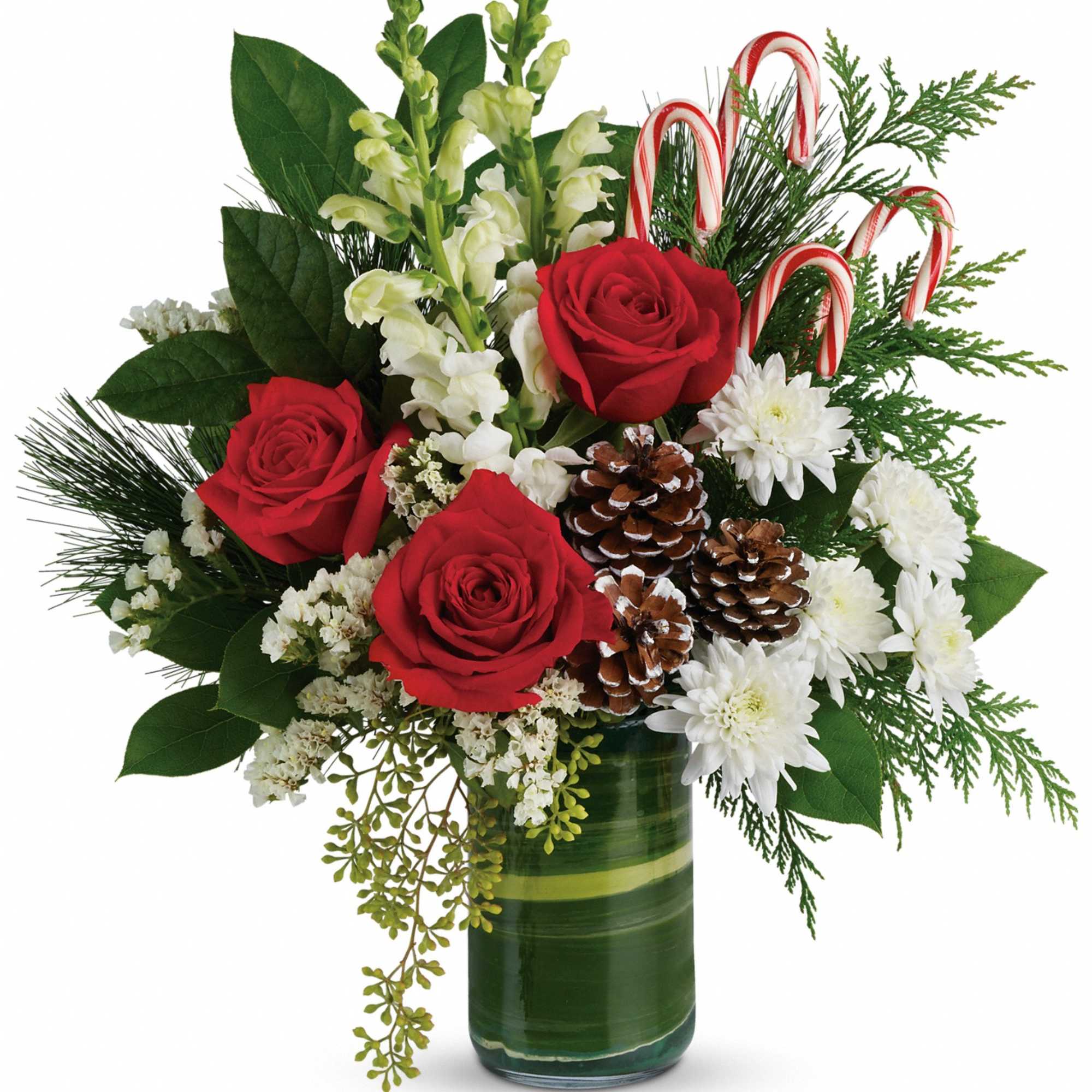 Bursting with Christmas spirit, this lush rose bouquet is accented with candy