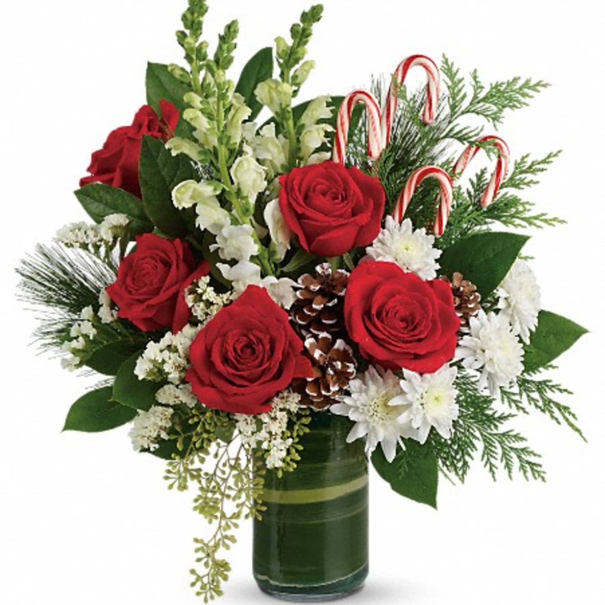 Bursting with Christmas spirit, this lush rose bouquet is accented with candy