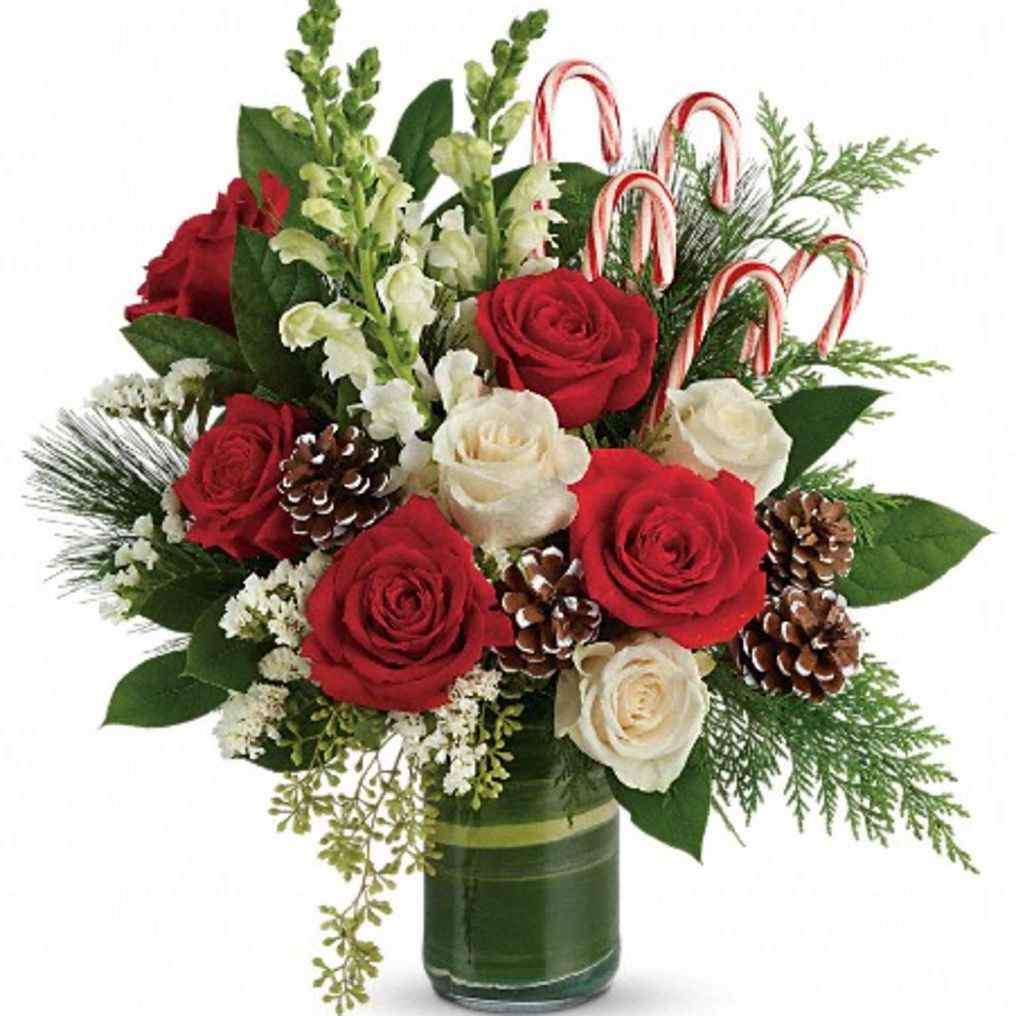 Bursting with Christmas spirit, this lush rose bouquet is accented with candy