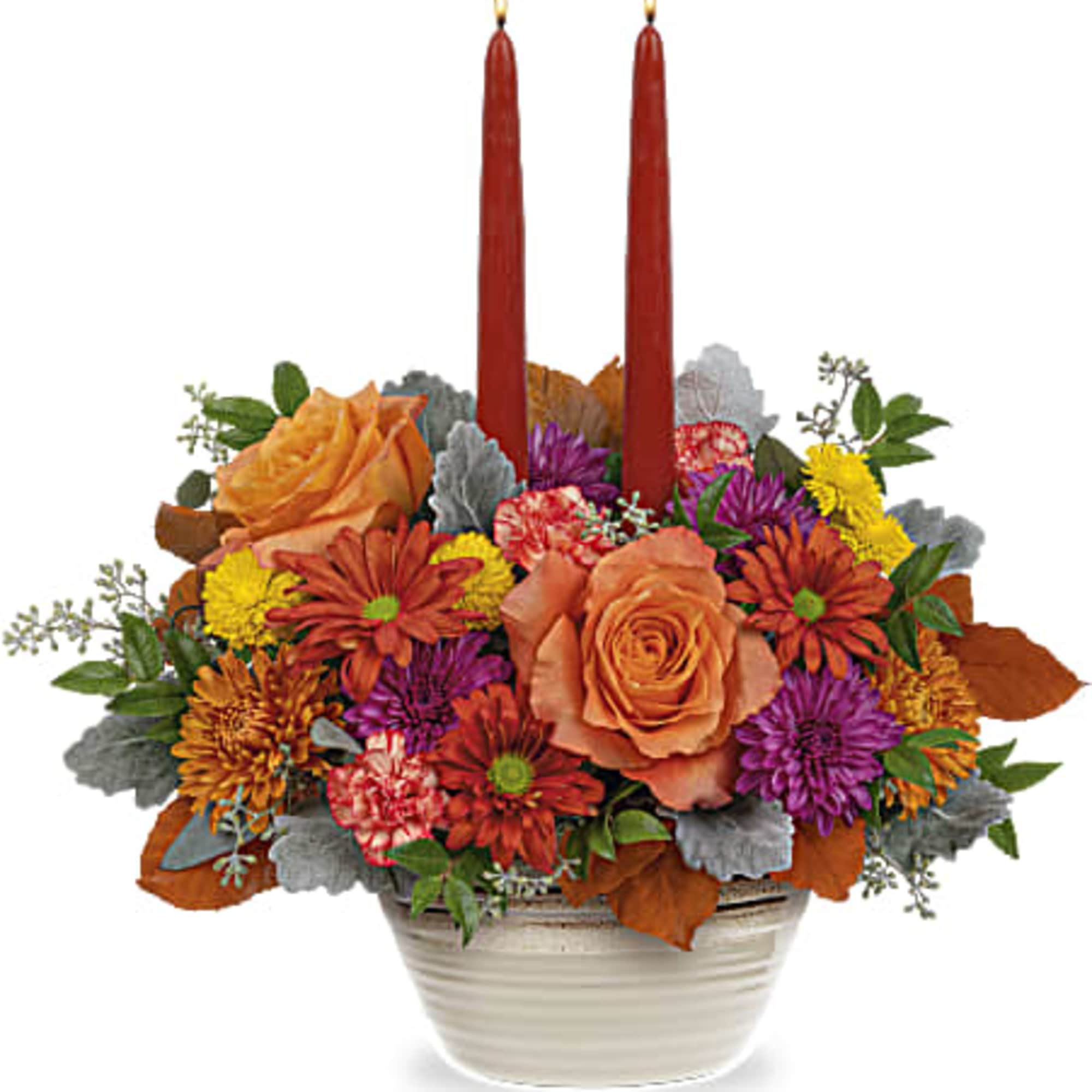 A chic choice for your fall table, this elegant autumnal rose arrangement
