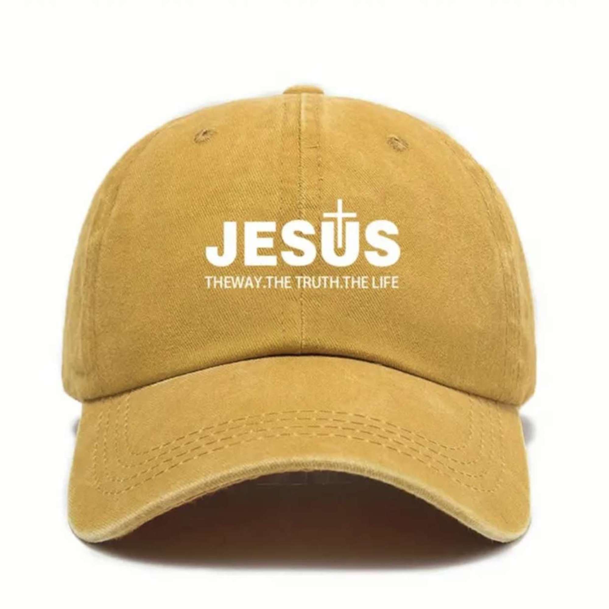 Bold and meaningful, this mustard yellow cap features JESUS with a cross