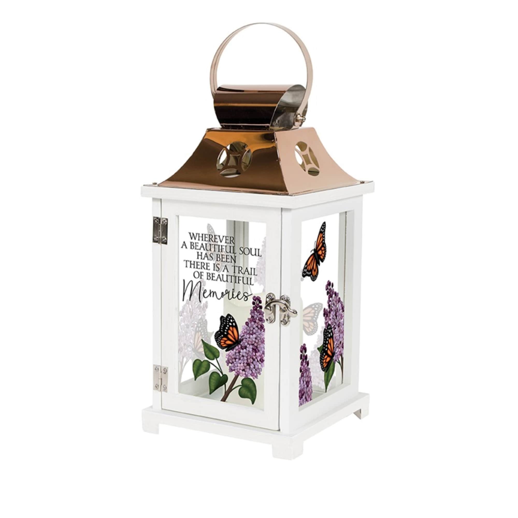 This decorative keepsake lantern reads "Wherever a beautiful soul has been there