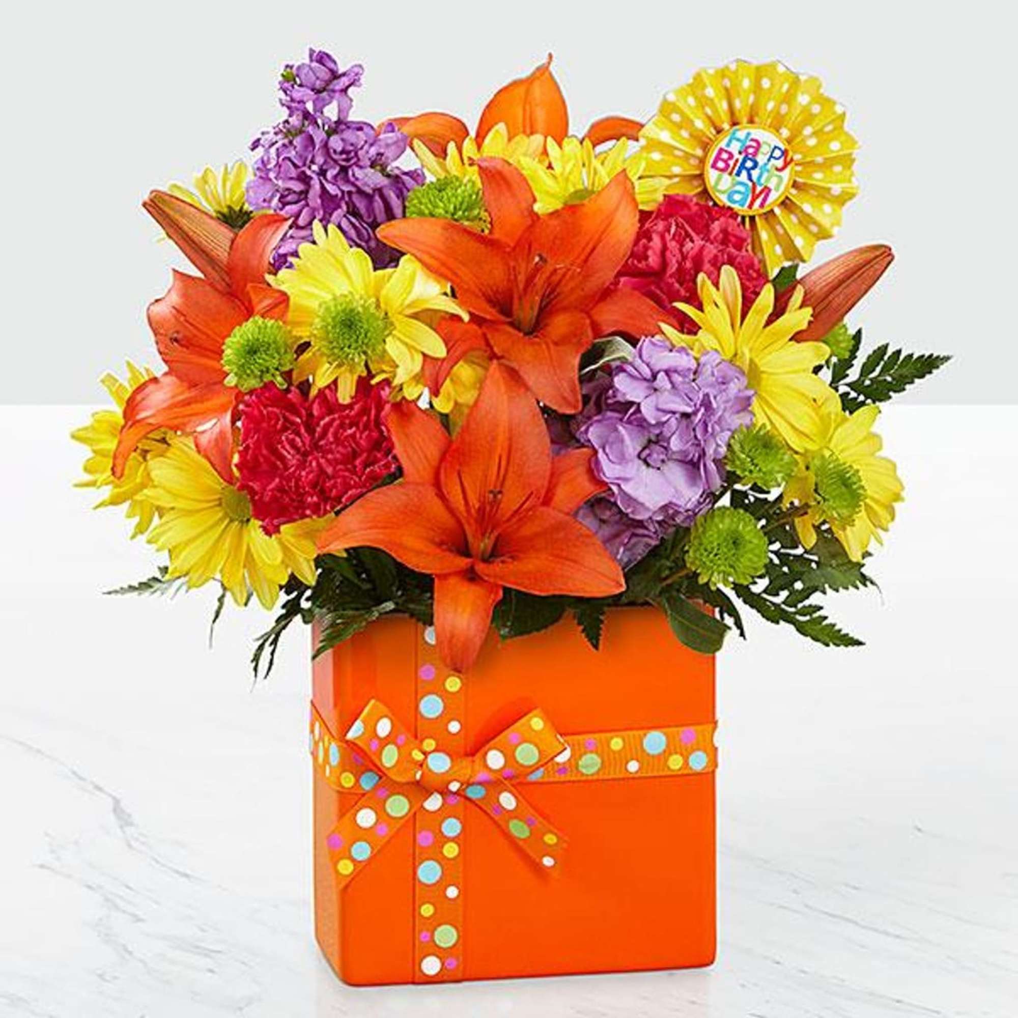 Product Information
Product Information
A multi-hued, striped &quot;Happy Birthday&quot; vase is finished with a