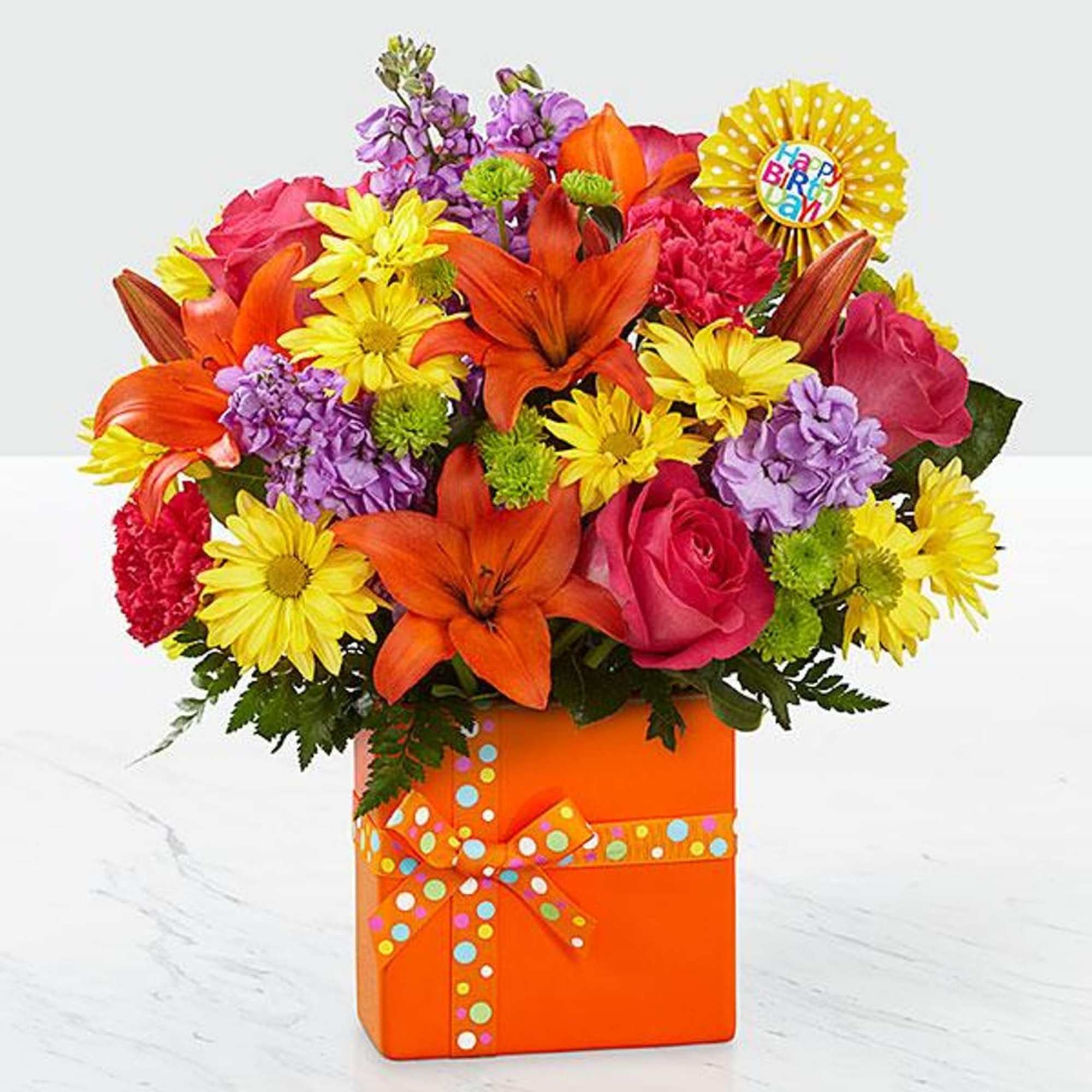 Product Information
Product Information
A multi-hued, striped &quot;Happy Birthday&quot; vase is finished with a