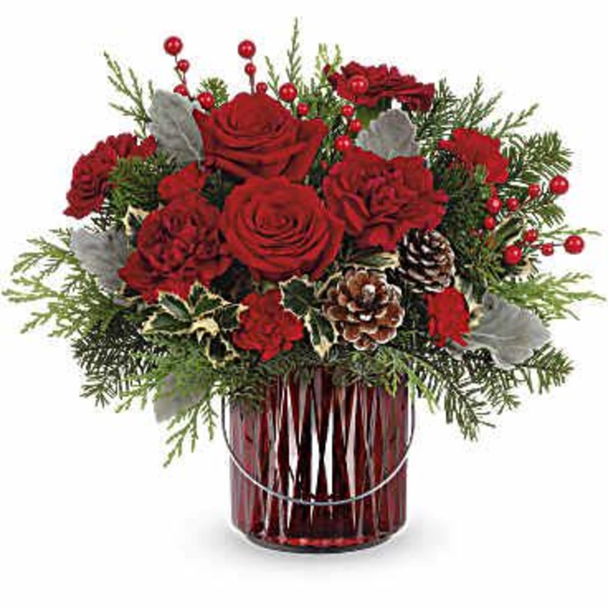 Illuminate your holiday festivities with this enchanting Christmas bouquet, elegantly arranged in