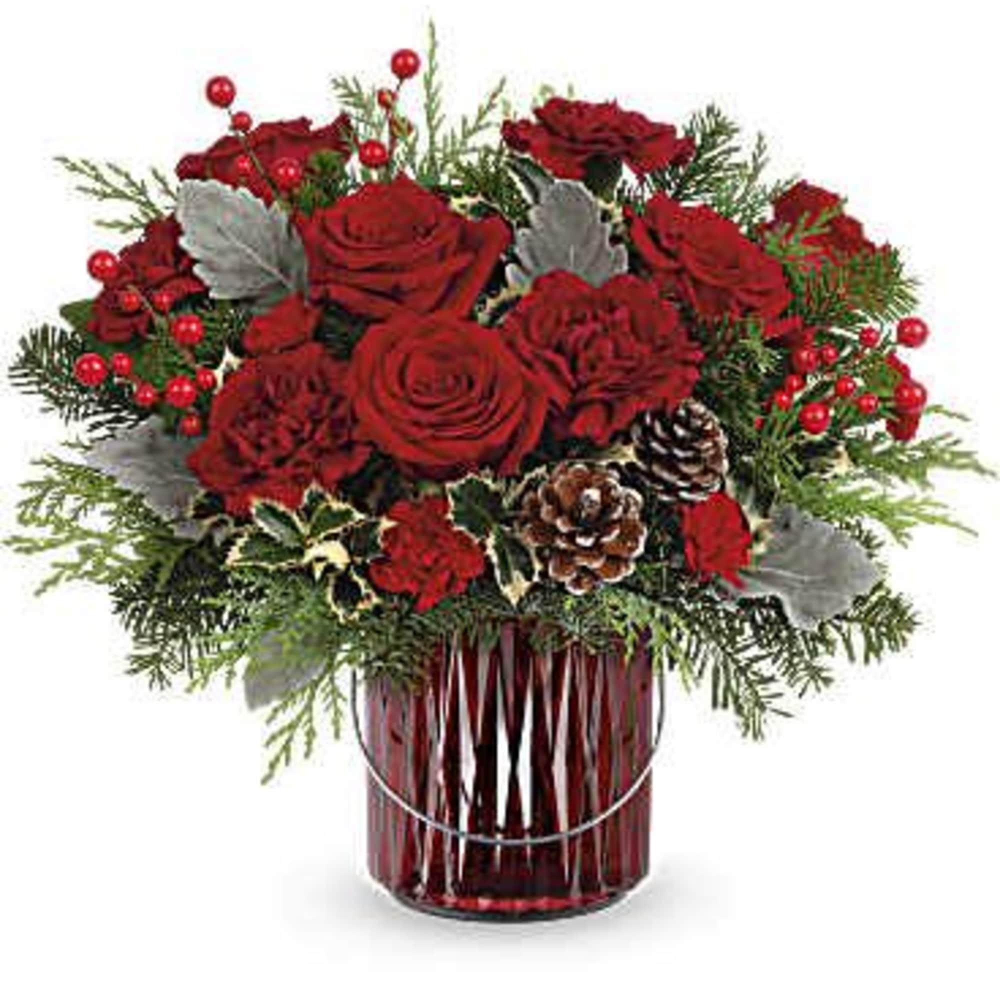 Illuminate your holiday festivities with this enchanting Christmas bouquet, elegantly arranged in