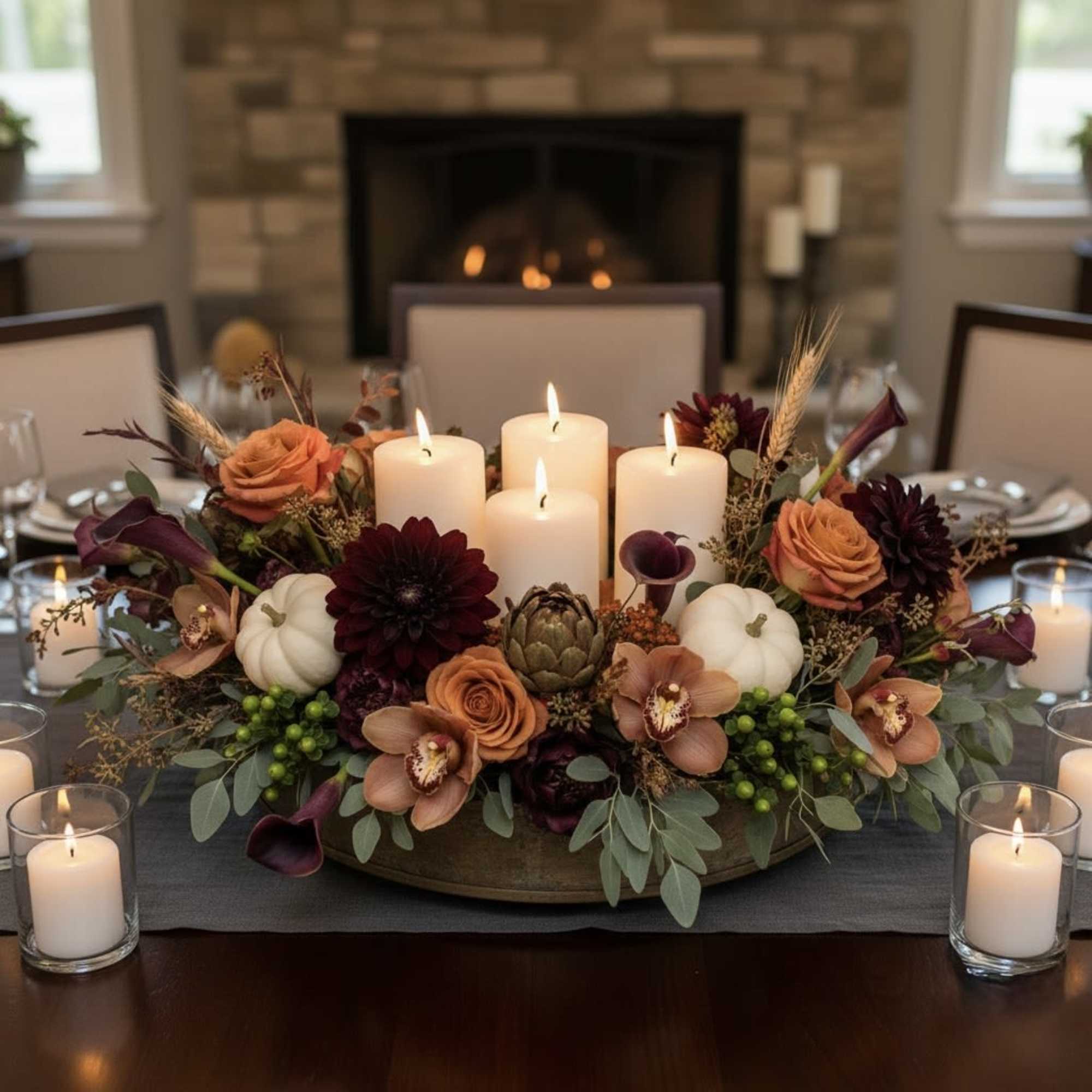 Gather around a table of exquisite beauty with our Autumn Grandeur Centerpiece.This