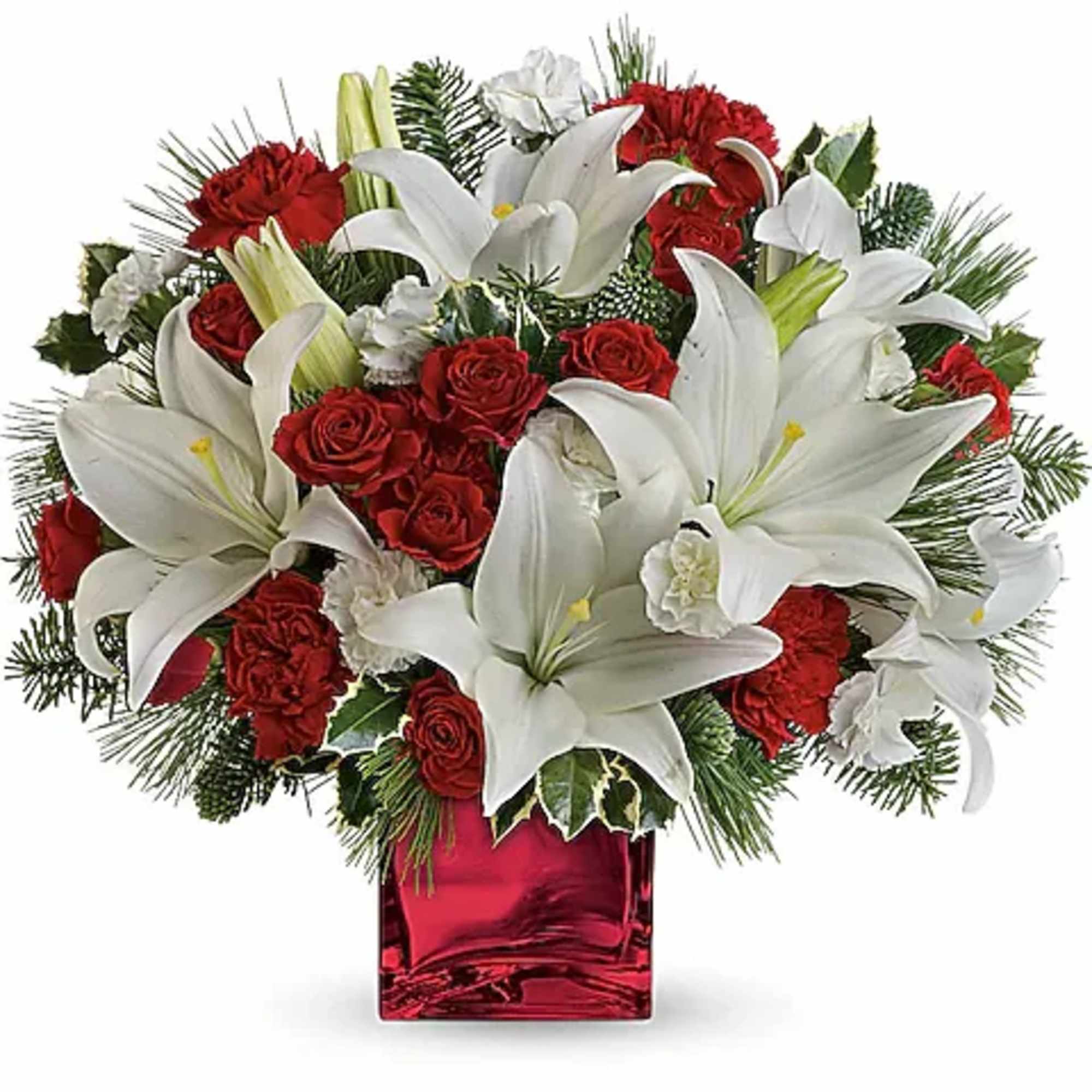 This festive holiday bouquet includes red roses and white asiatic lilies presented
