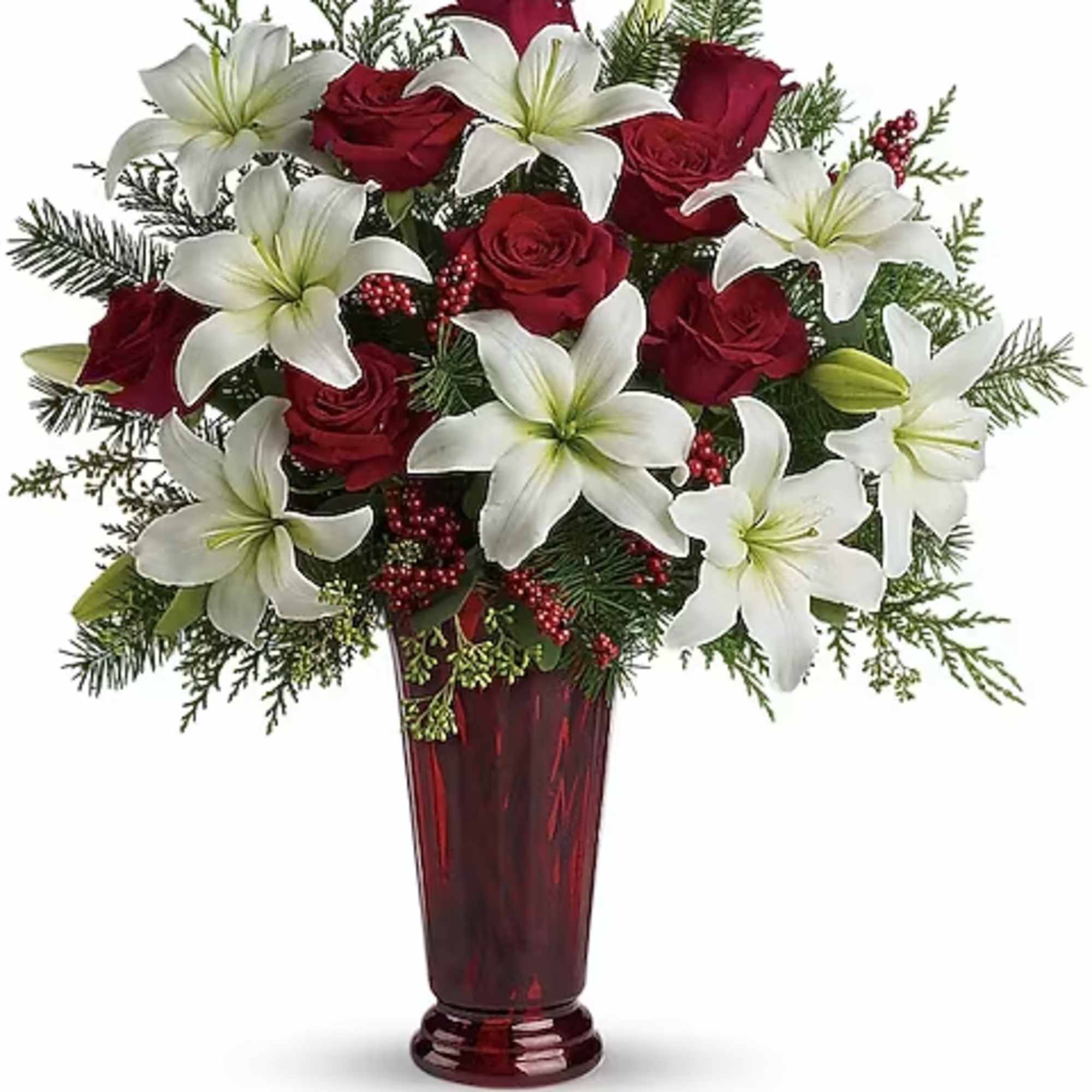With beautiful red roses and brilliant white lilies delivered in a dramatic