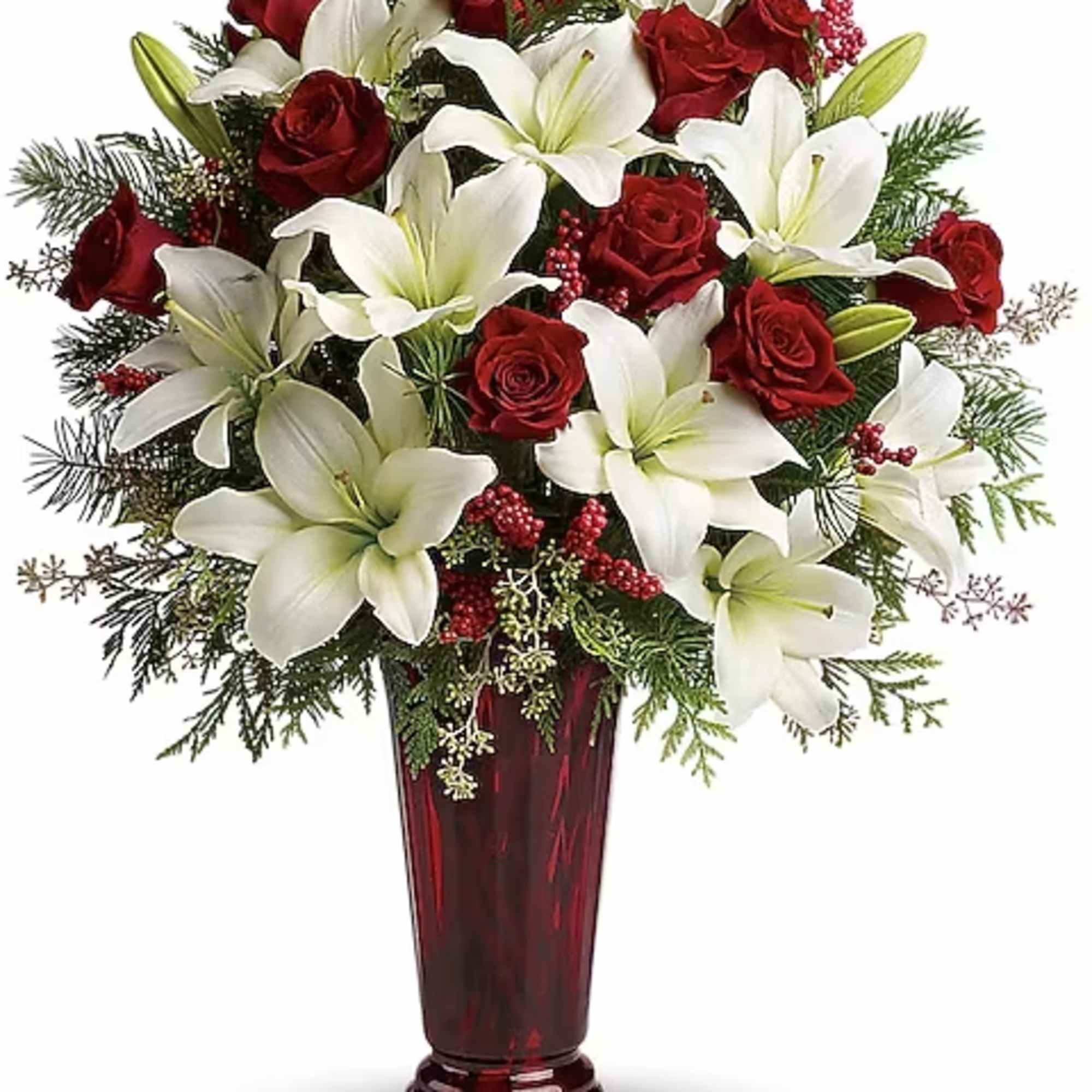 With beautiful red roses and brilliant white lilies delivered in a dramatic
