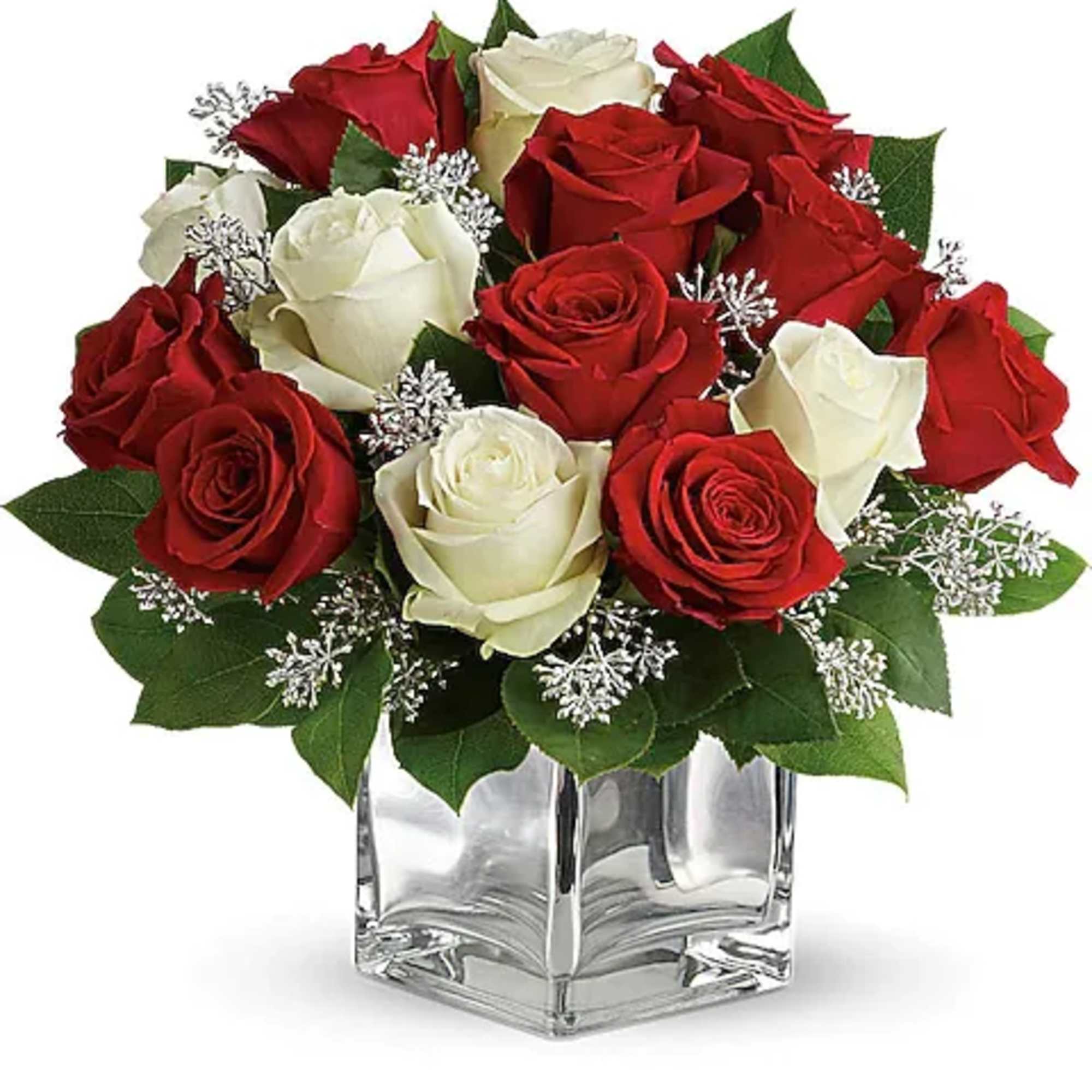 This exciting bouquet of red and white roses in a dazzling mirrored