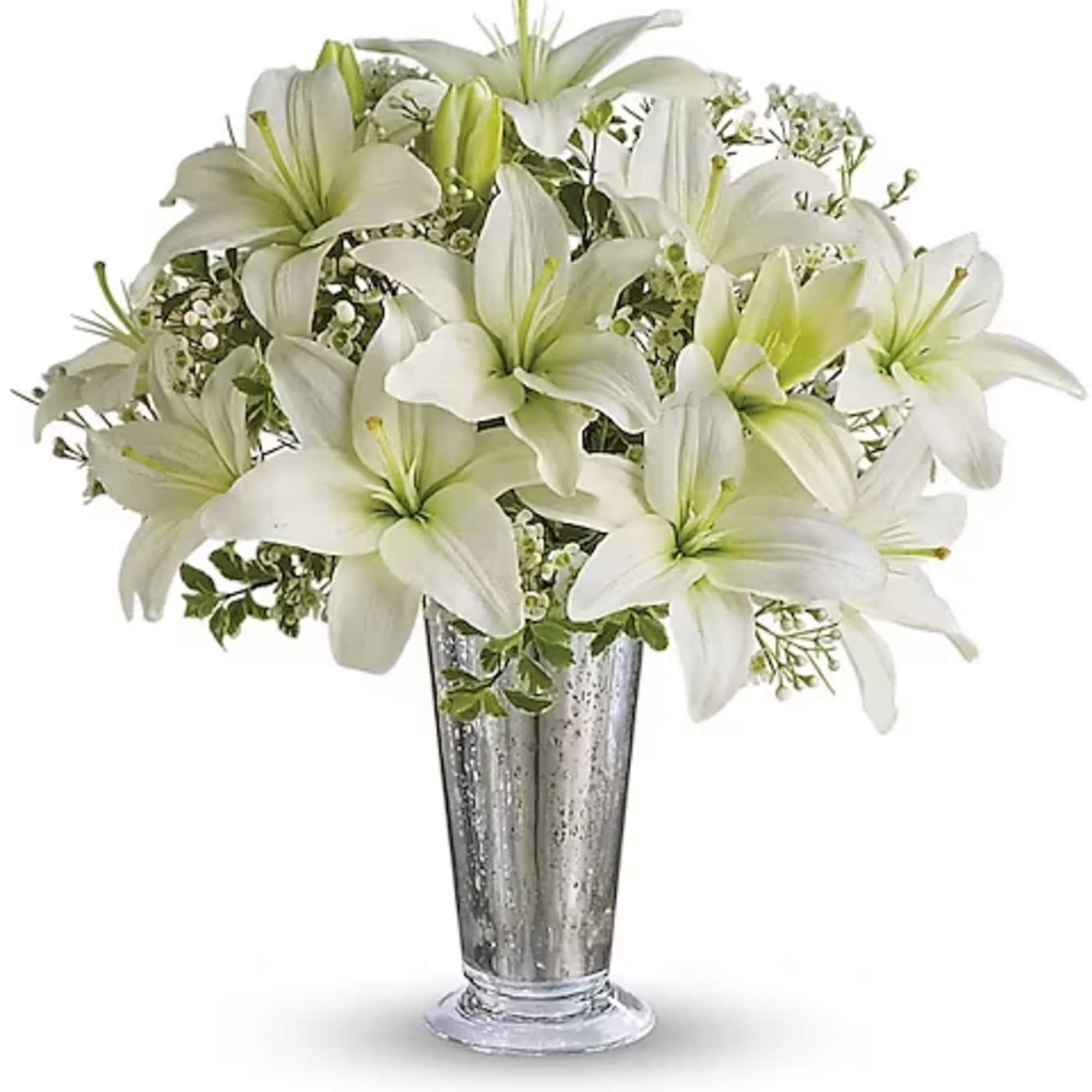 This classic silver and white arrangement is a stunning way to let