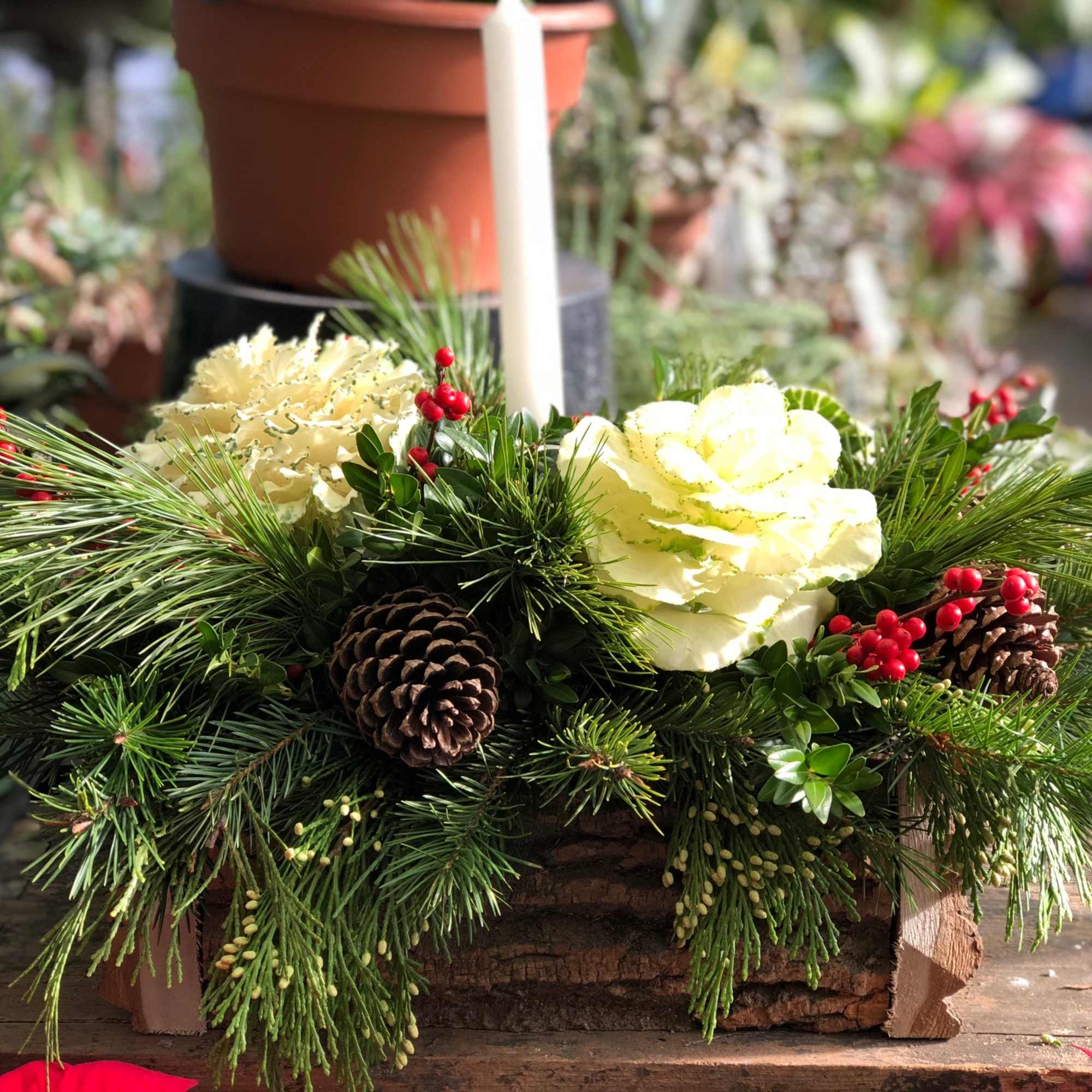 Here&#039;s a natural evergreen centerpiece in a handcrafted Lancaster County log box.