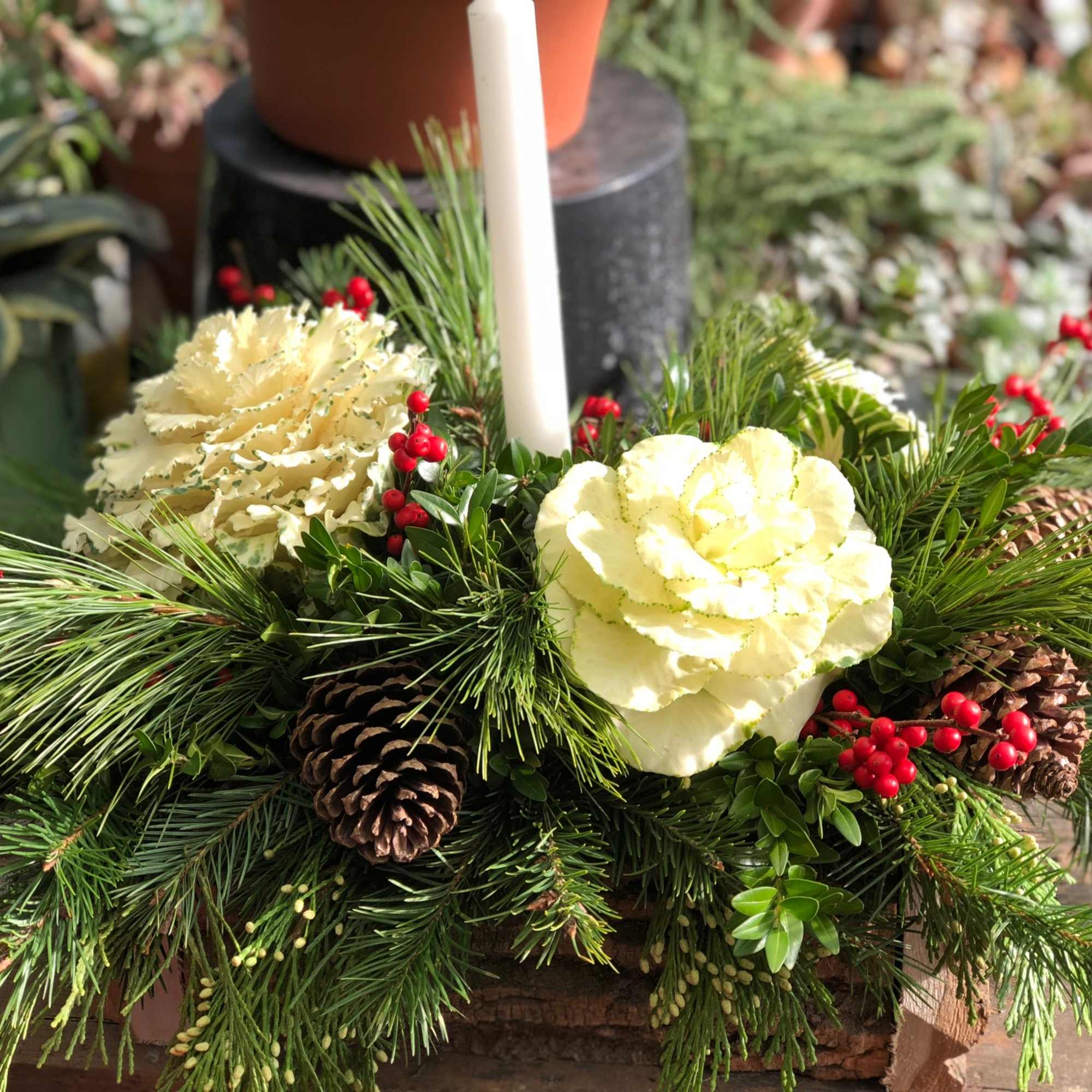 Here&#039;s a natural evergreen centerpiece in a handcrafted Lancaster County log box.