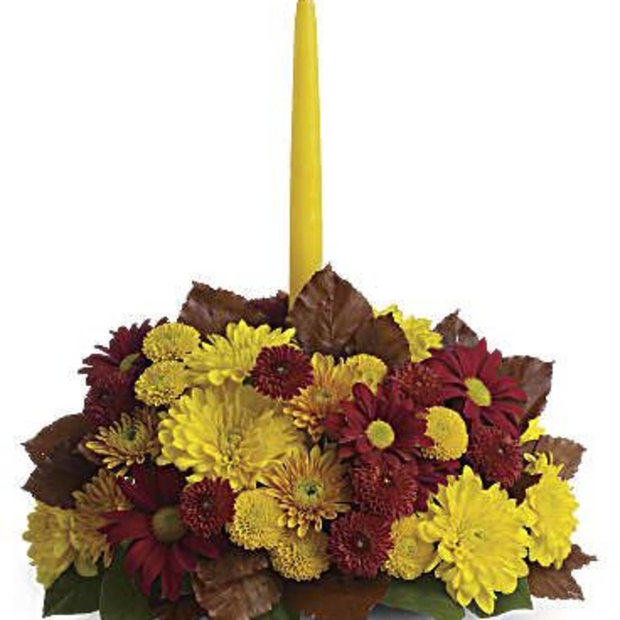 Happy yellow mums and a golden taper candle bring sunshine to your