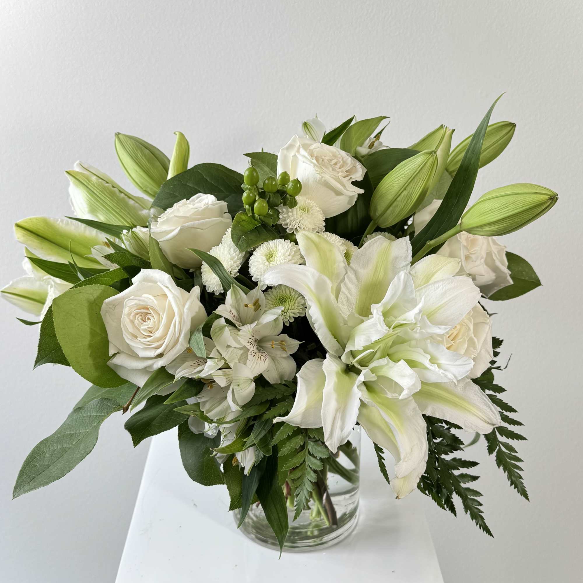 White Day Flower Arrangement &ndash; Pure White Lilies, Roses &amp; Cushion Mums