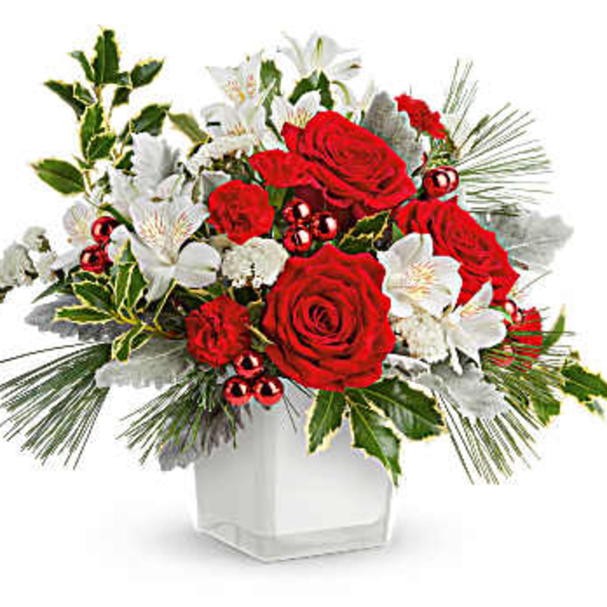 Teleflora&#039;s Festive Elegance Bouquet shines with classic red roses, wintery white blooms