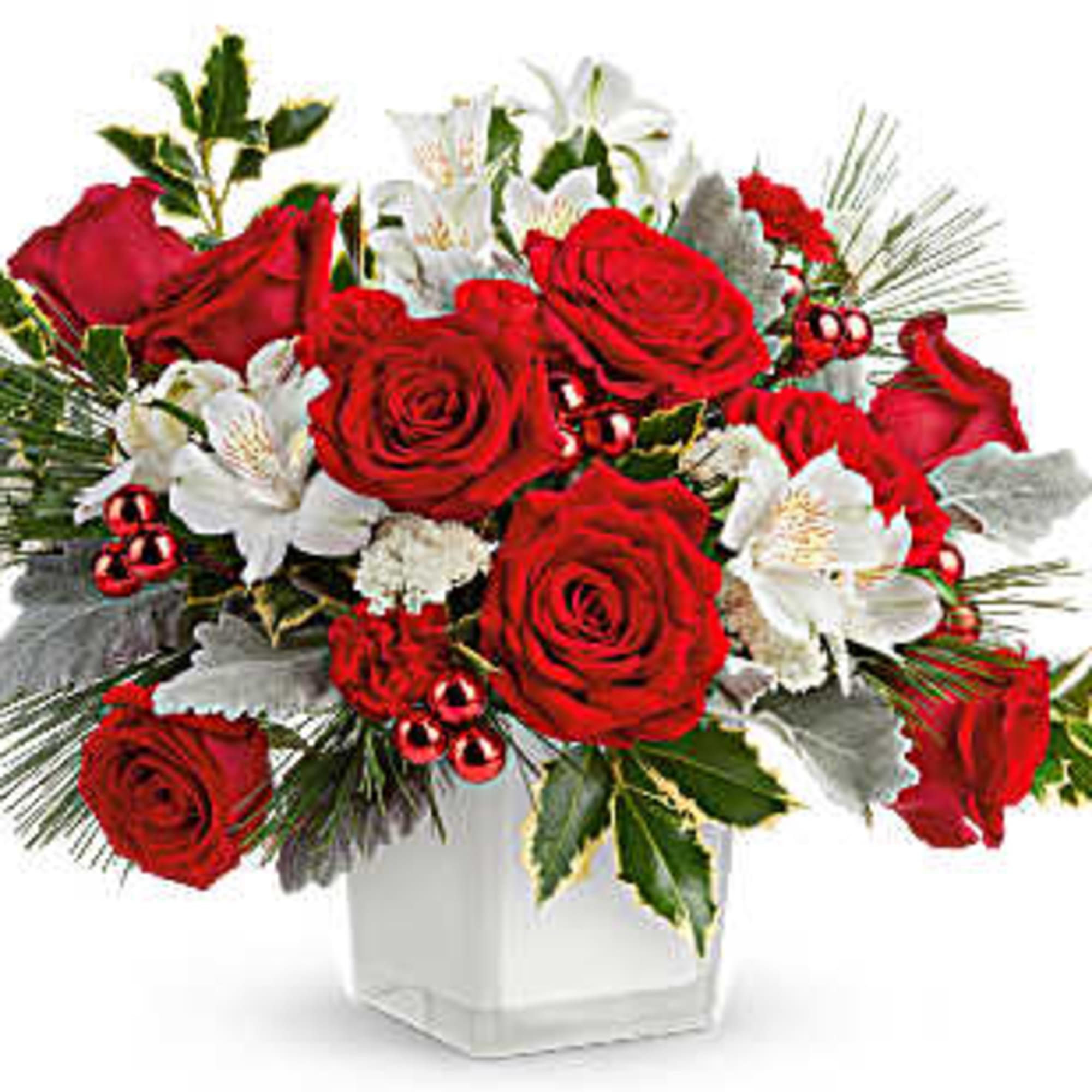 Teleflora&#039;s Festive Elegance Bouquet shines with classic red roses, wintery white blooms