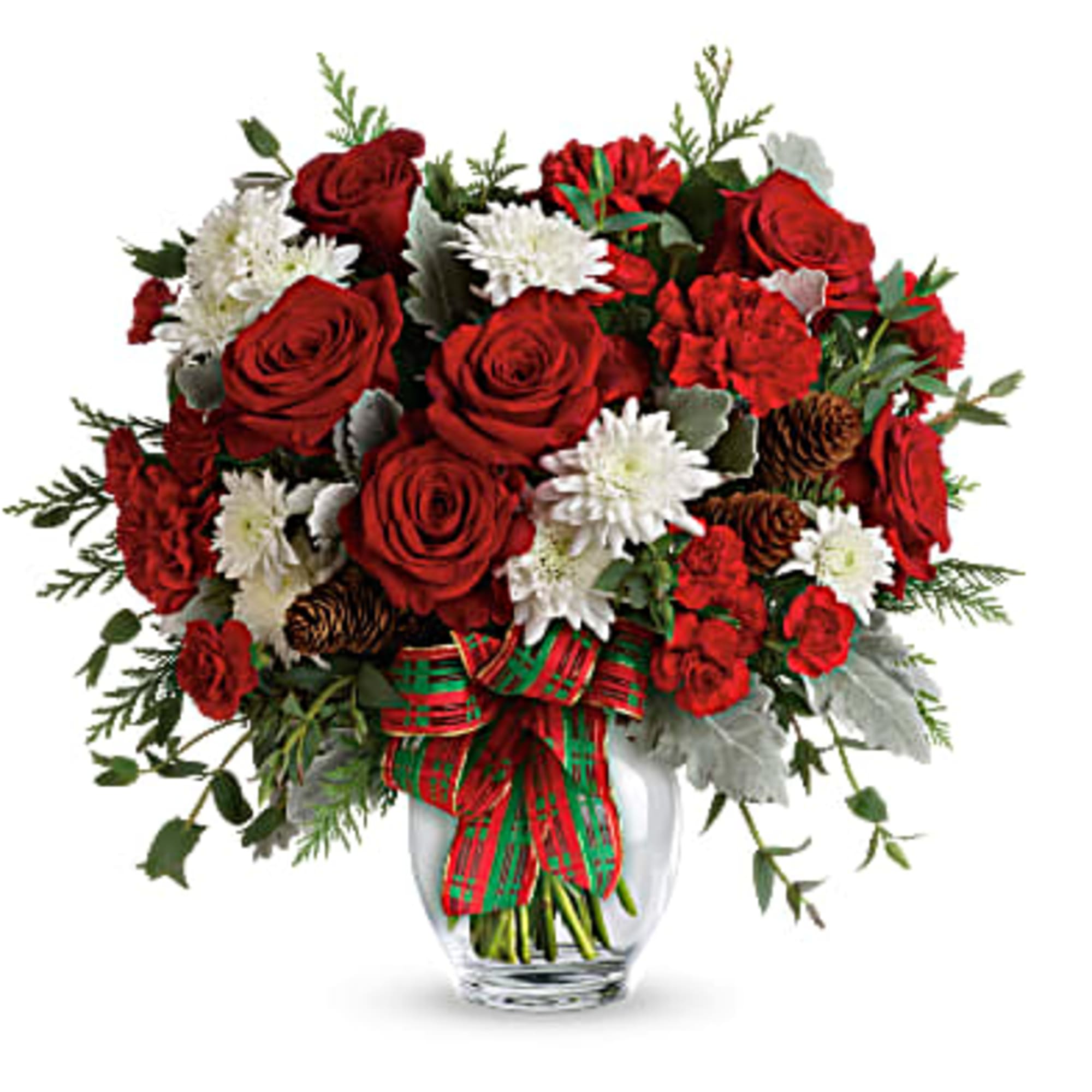 Make their season bright with this fun bouquet of Christmas blooms, hand-delivered