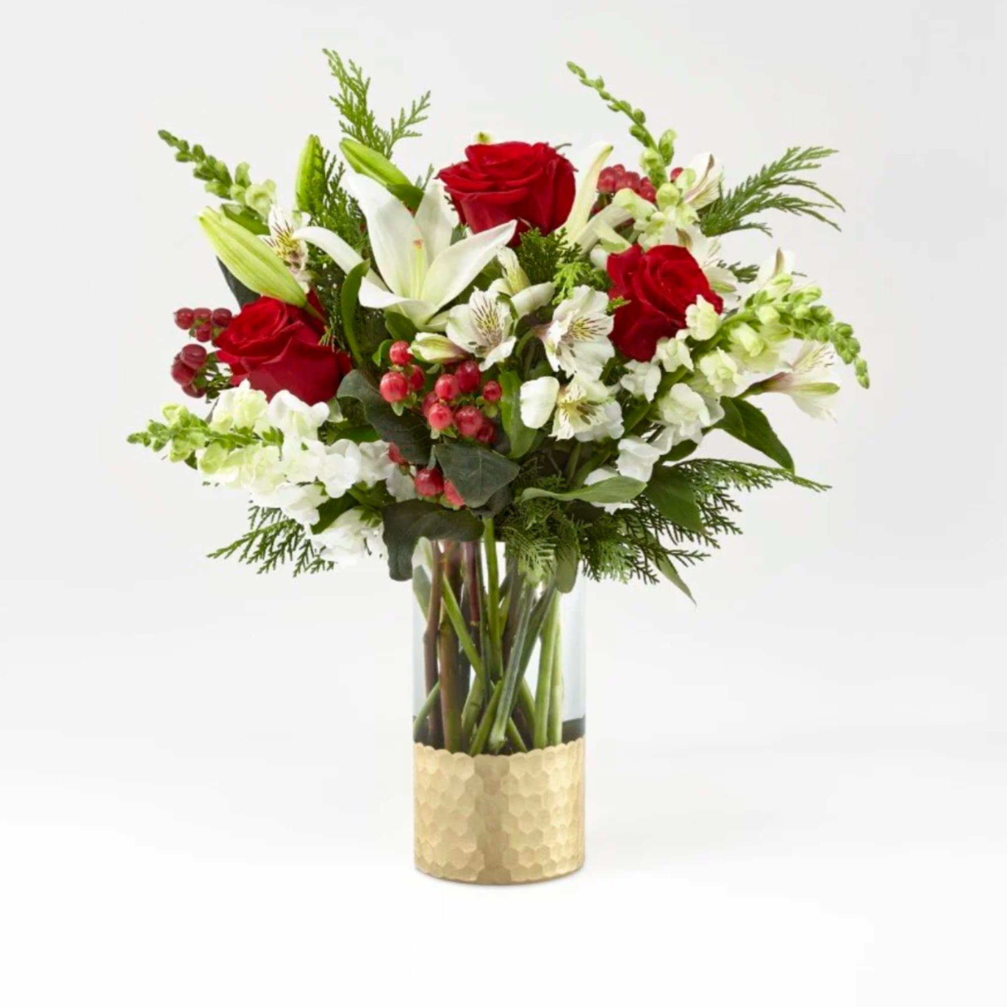 A modern take on a holiday classic, this fresh Christmas bouquet comes