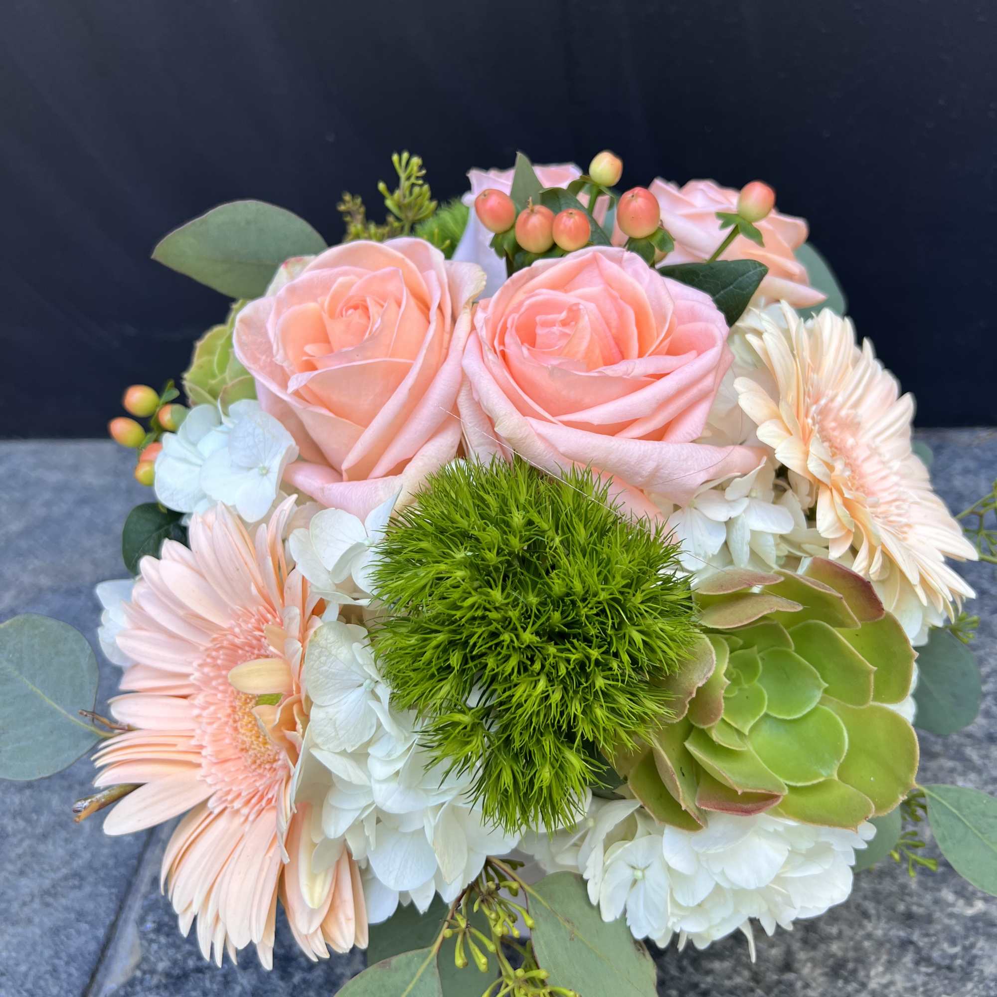 Peach garden collection roses gerberas, succulents,  hydrangeas coffe beans