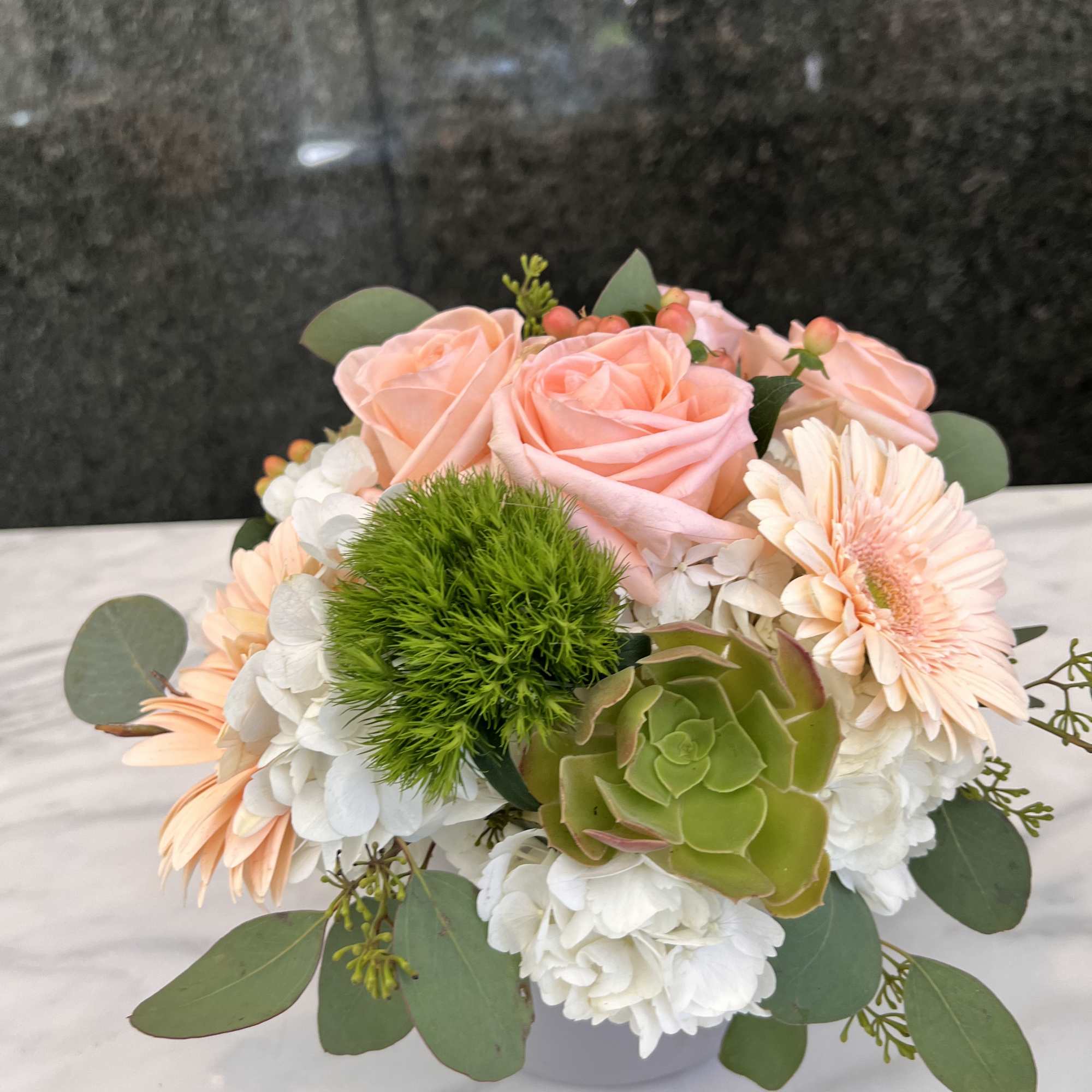 Peach garden collection roses gerberas, succulents,  hydrangeas coffe beans