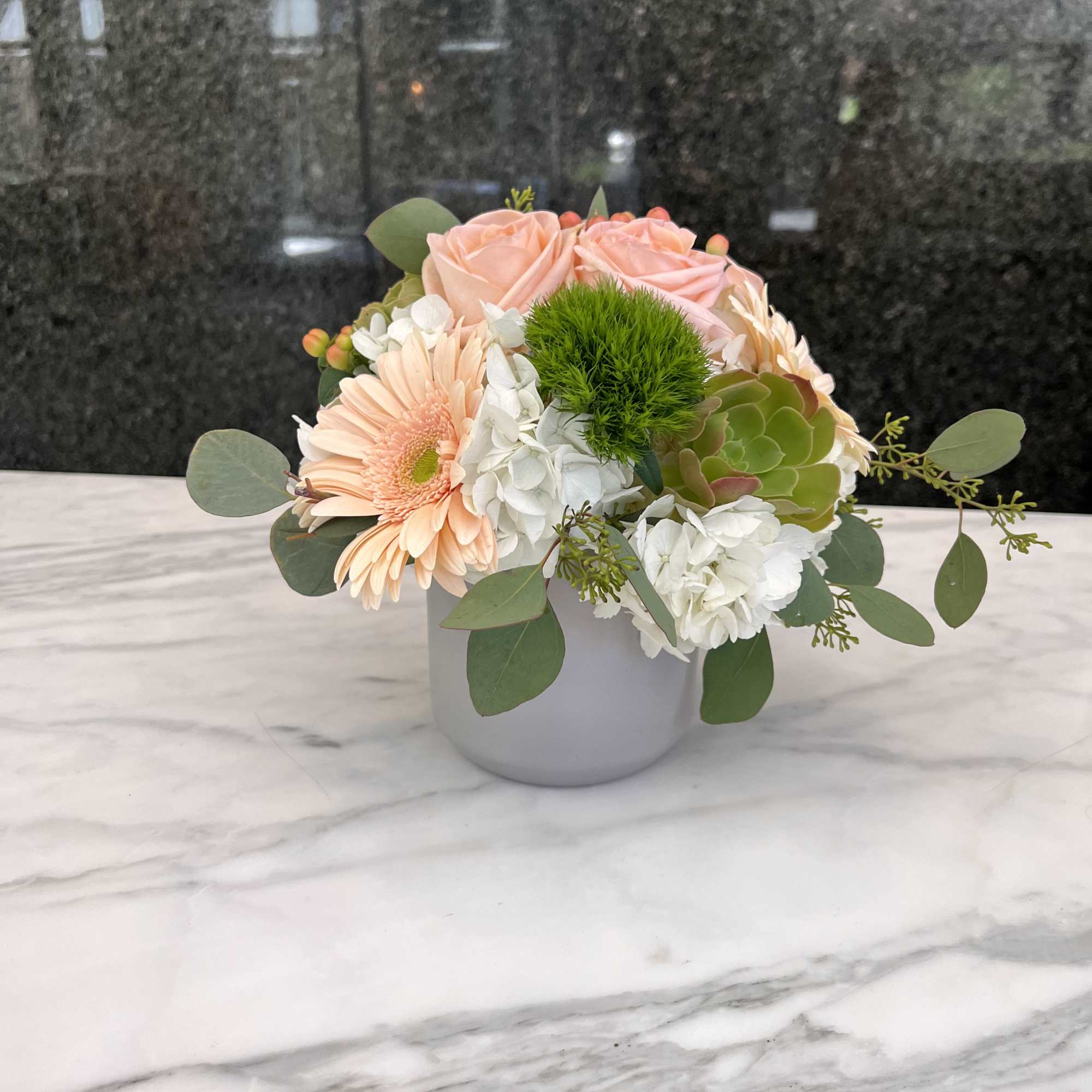 Peach garden collection roses gerberas, succulents,  hydrangeas coffe beans