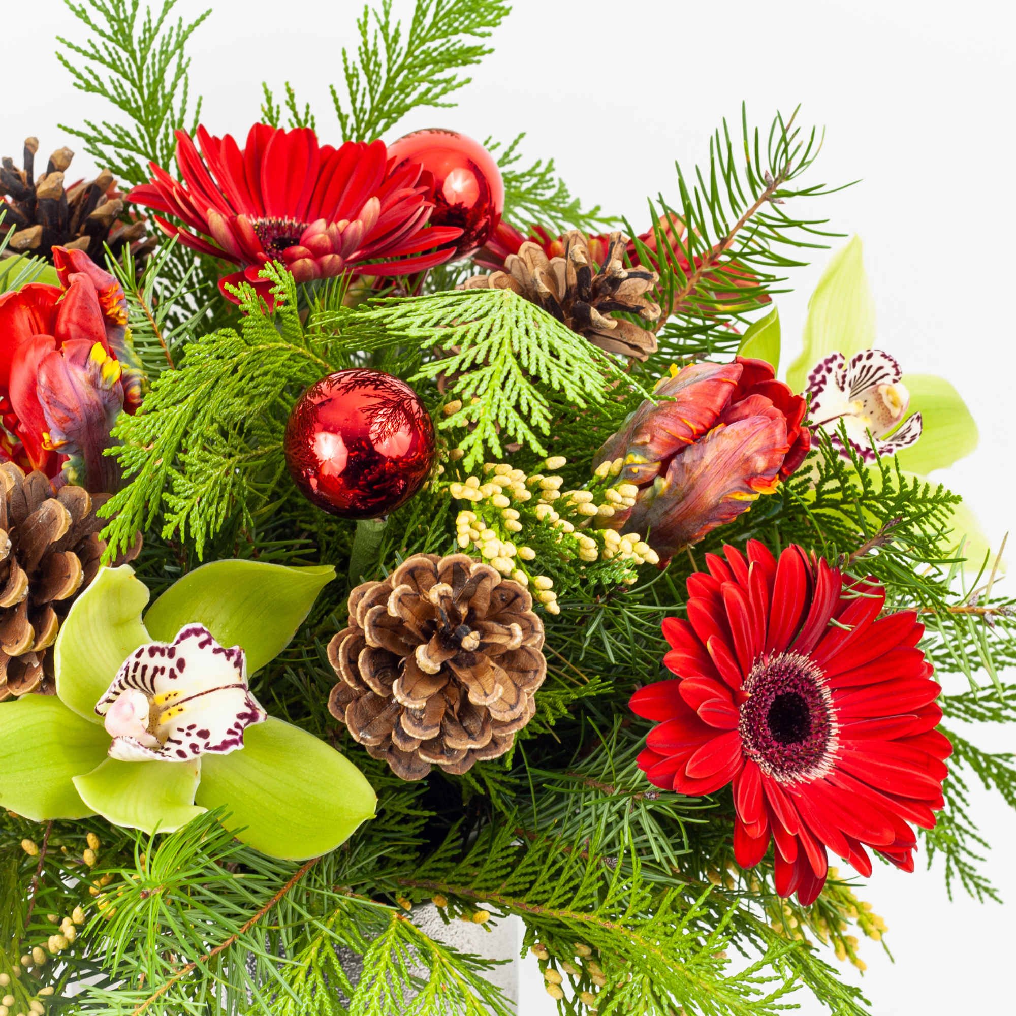FESTIVE RED &amp; GREEN XMAS FLOWERS WITH GERBERAS, CYMBIDIUM ORCHIDS &amp; PARROT