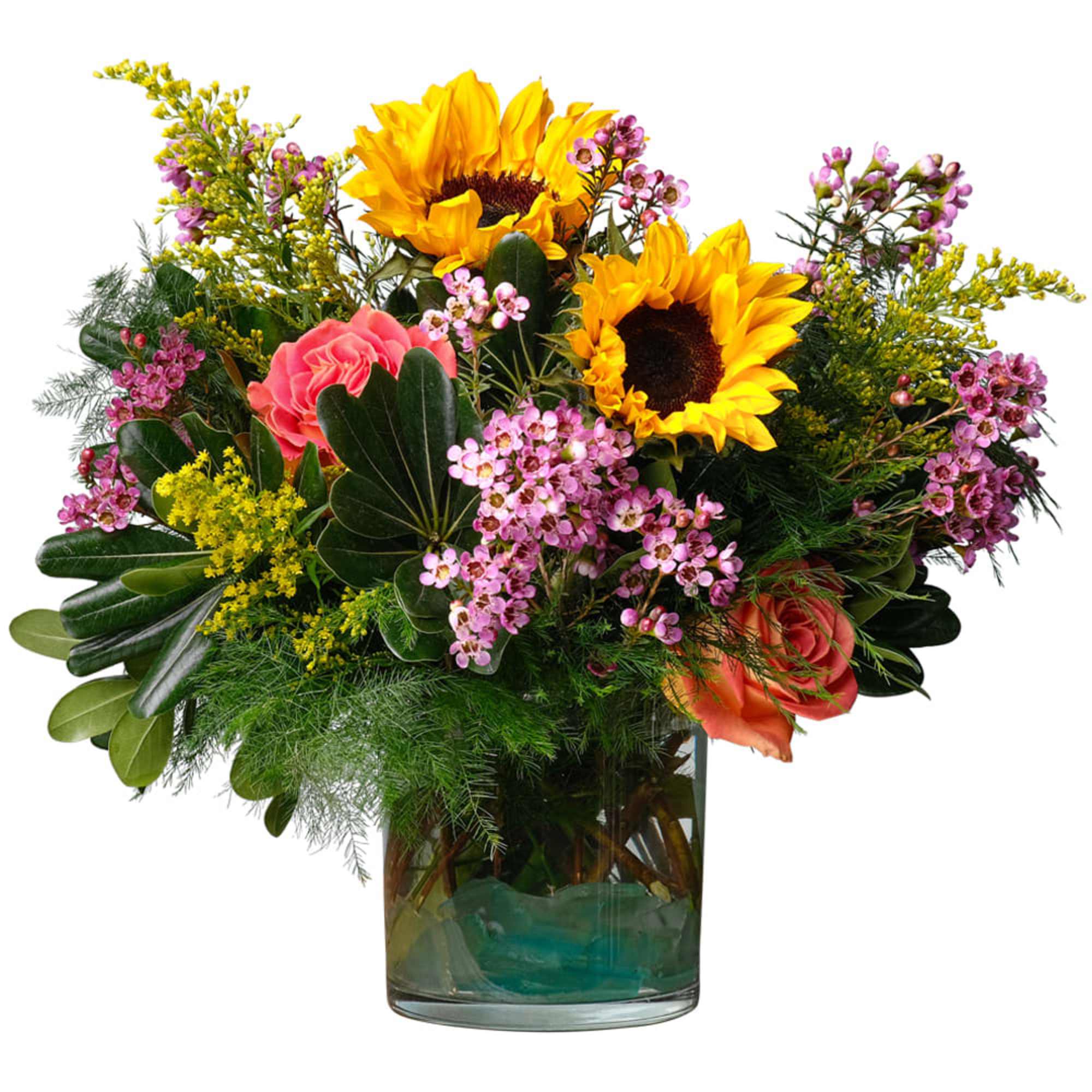 Brightly colored flowers like sunflowers, roses, solidago and wax flower are complimented