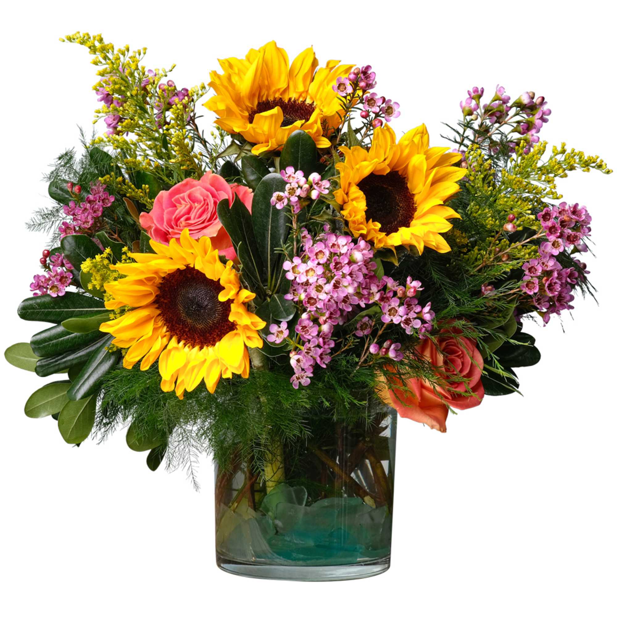 Brightly colored flowers like sunflowers, roses, solidago and wax flower are complimented