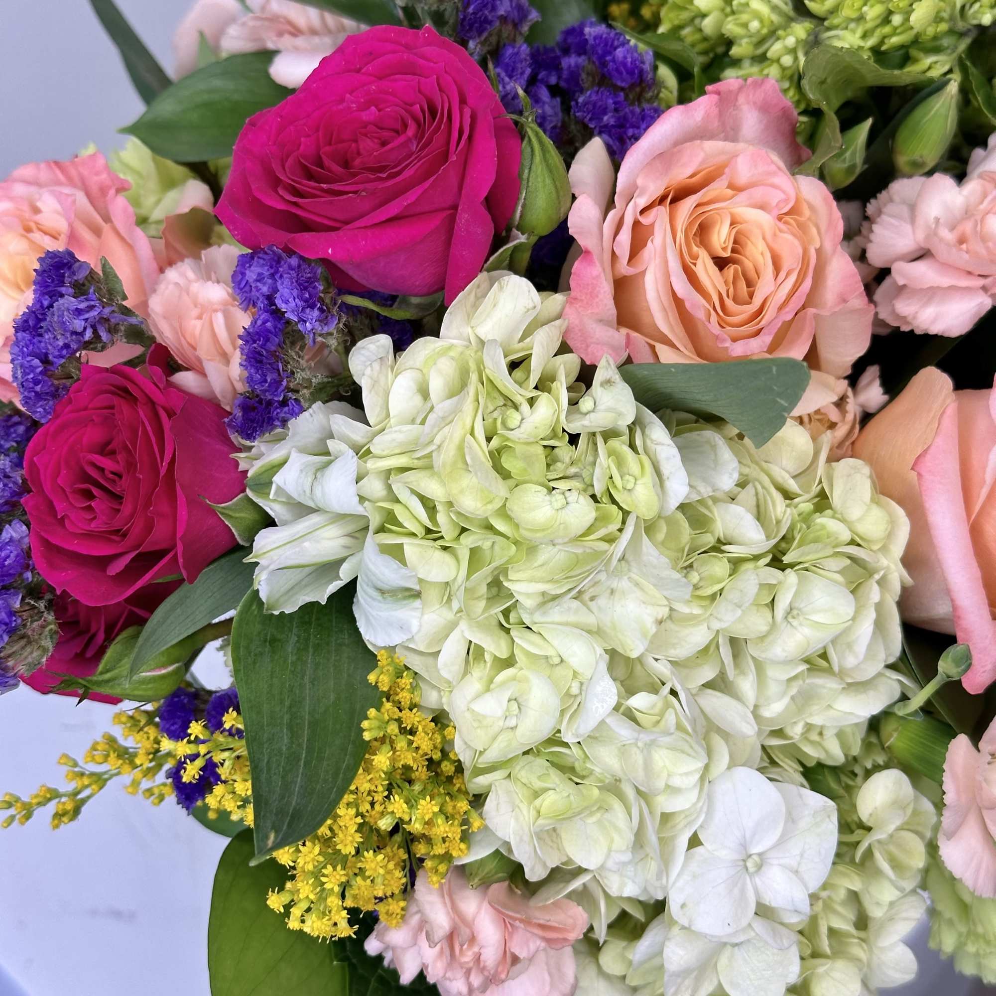 Green Goddess Flower Arrangement &ndash; Vibrant Peach &amp; Fuchsia Rose Bouquet with