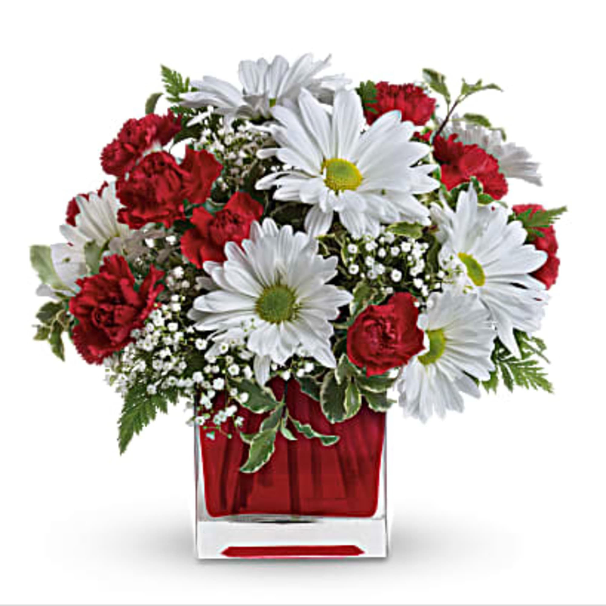 This simply sweet bouquet is delicately arranged in our ruby red glass