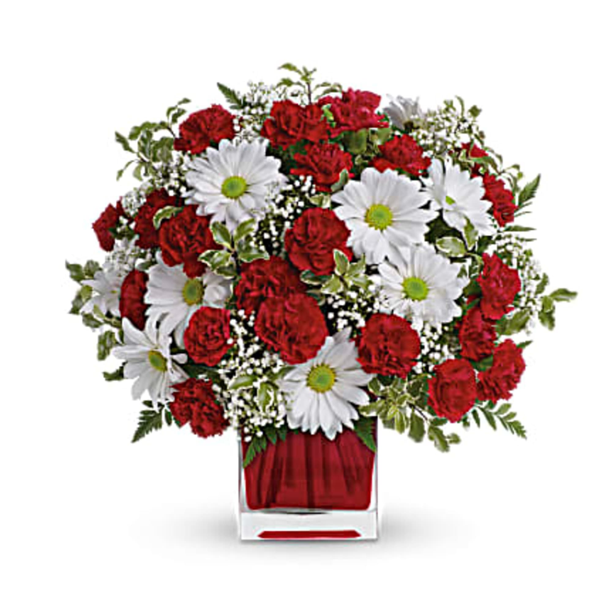 This simply sweet bouquet is delicately arranged in our ruby red glass