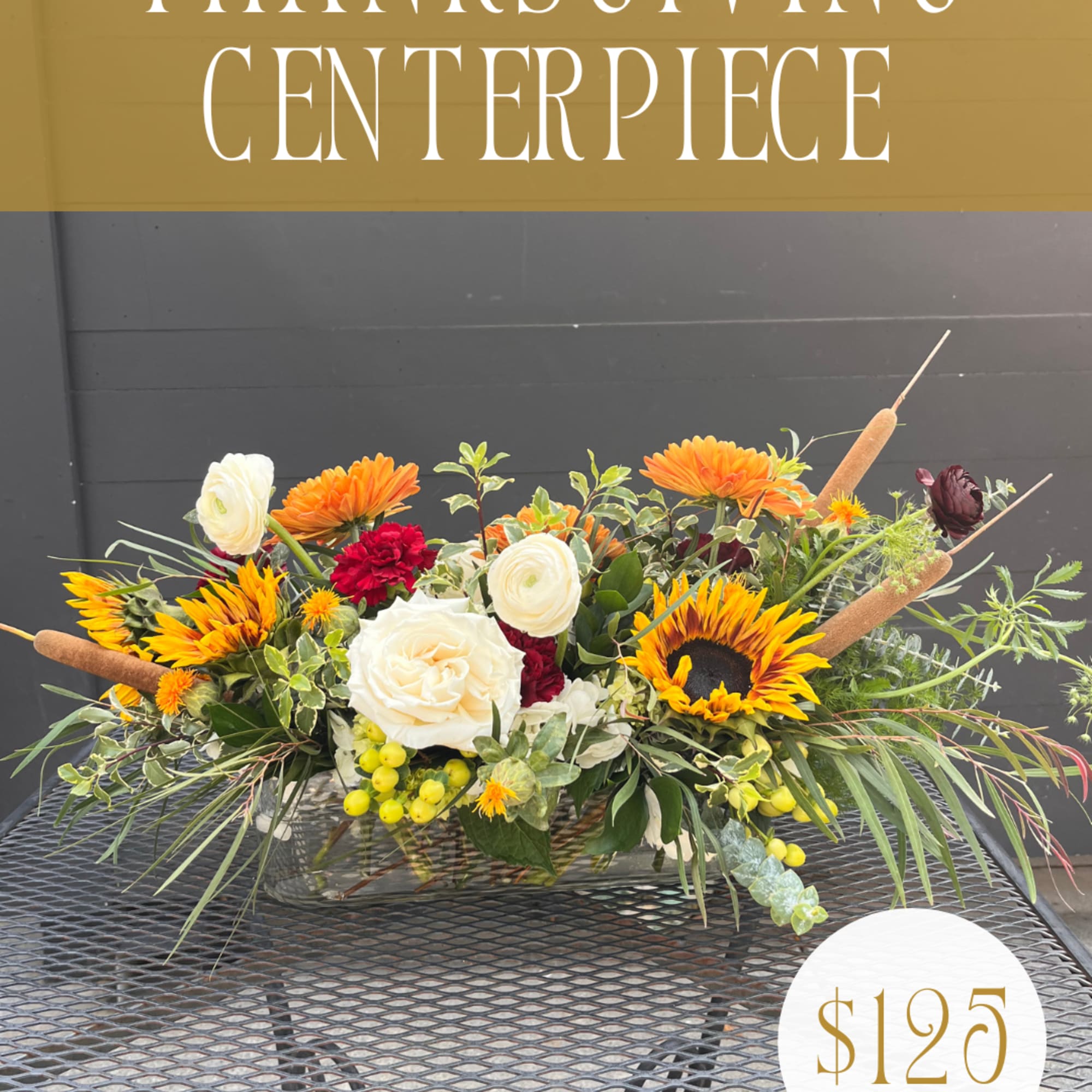 Our Thanksgiving Centerpiece is a thoughtfully curated, low-profile arrangement designed to elevate