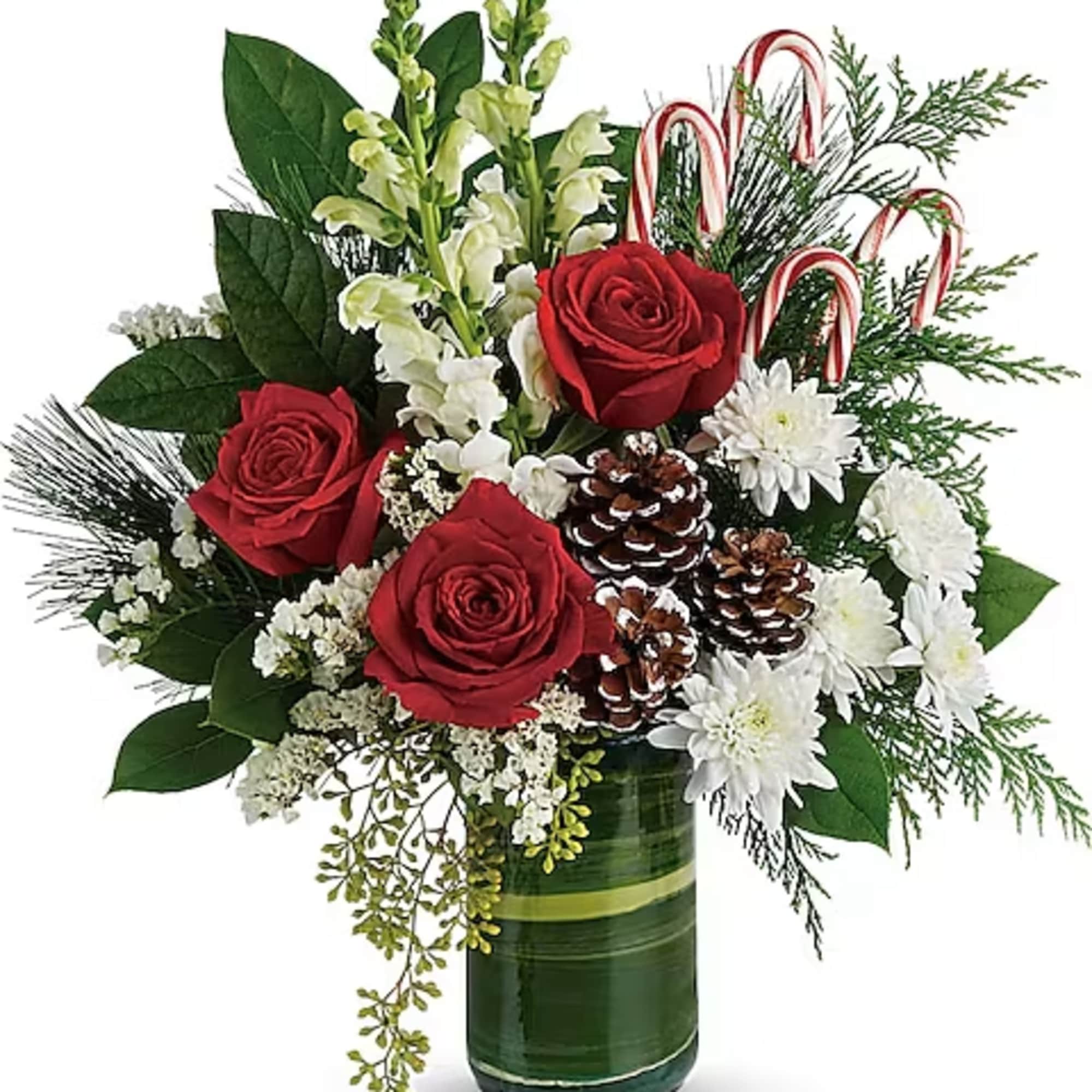 An instant Christmas party, this festive bouquet bursts with fresh blooms of