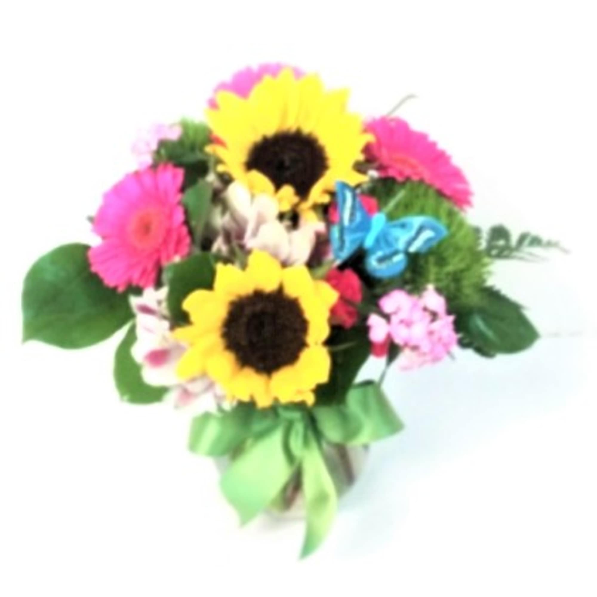 Earthy and cheerful clear vase of Sunflowers,gerbera daisies,alstromeria and mixed fillers,adorned with