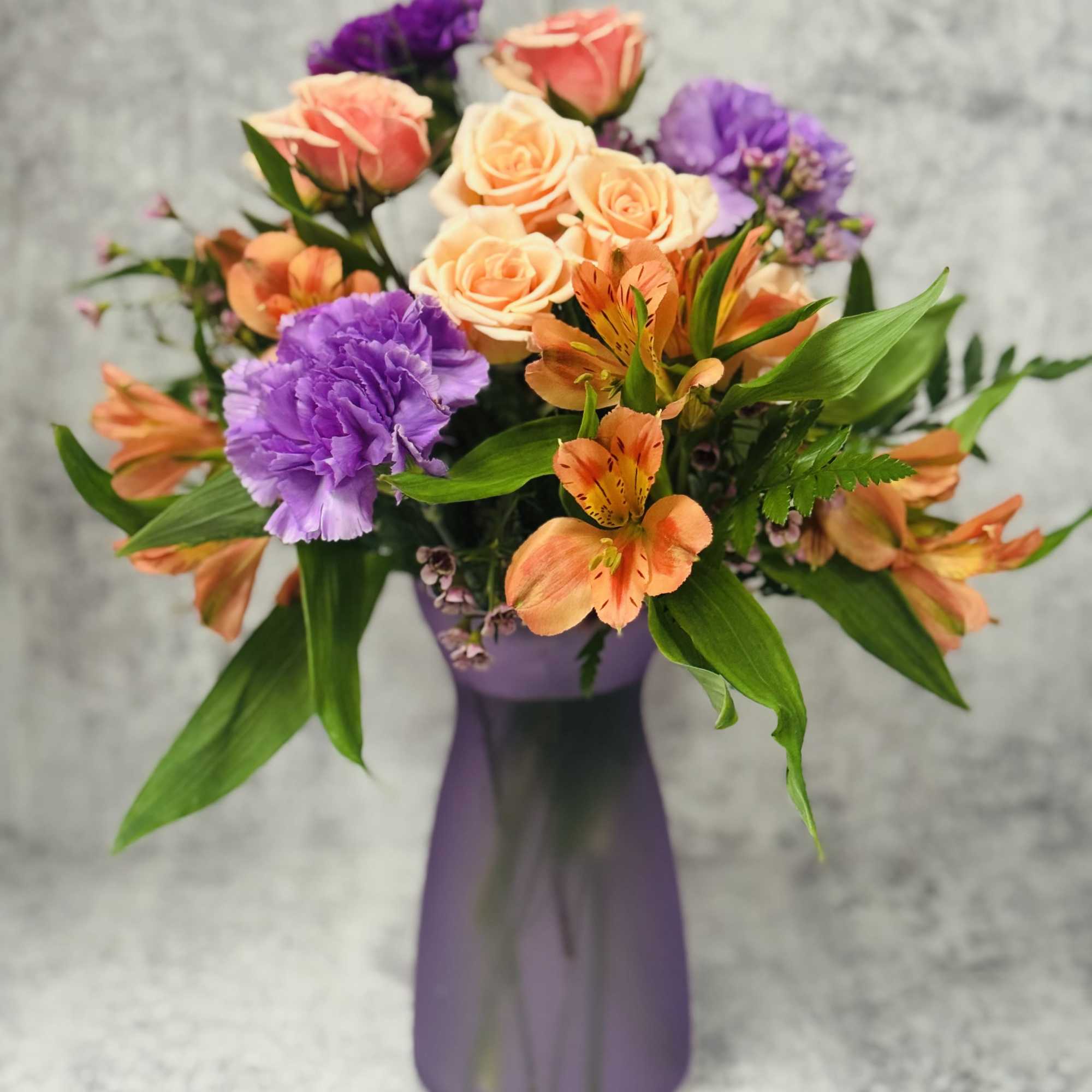 Colored Vase with coordinating flowers to match! Spray Roses, Carnations, Alstromeria, filler