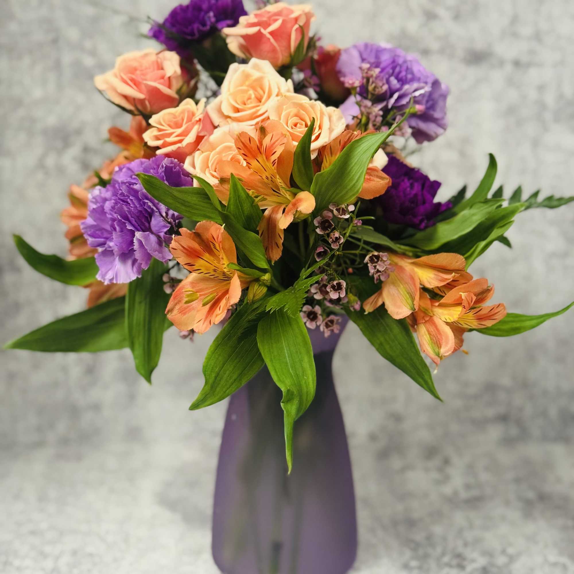 Colored Vase with coordinating flowers to match! Spray Roses, Carnations, Alstromeria, filler