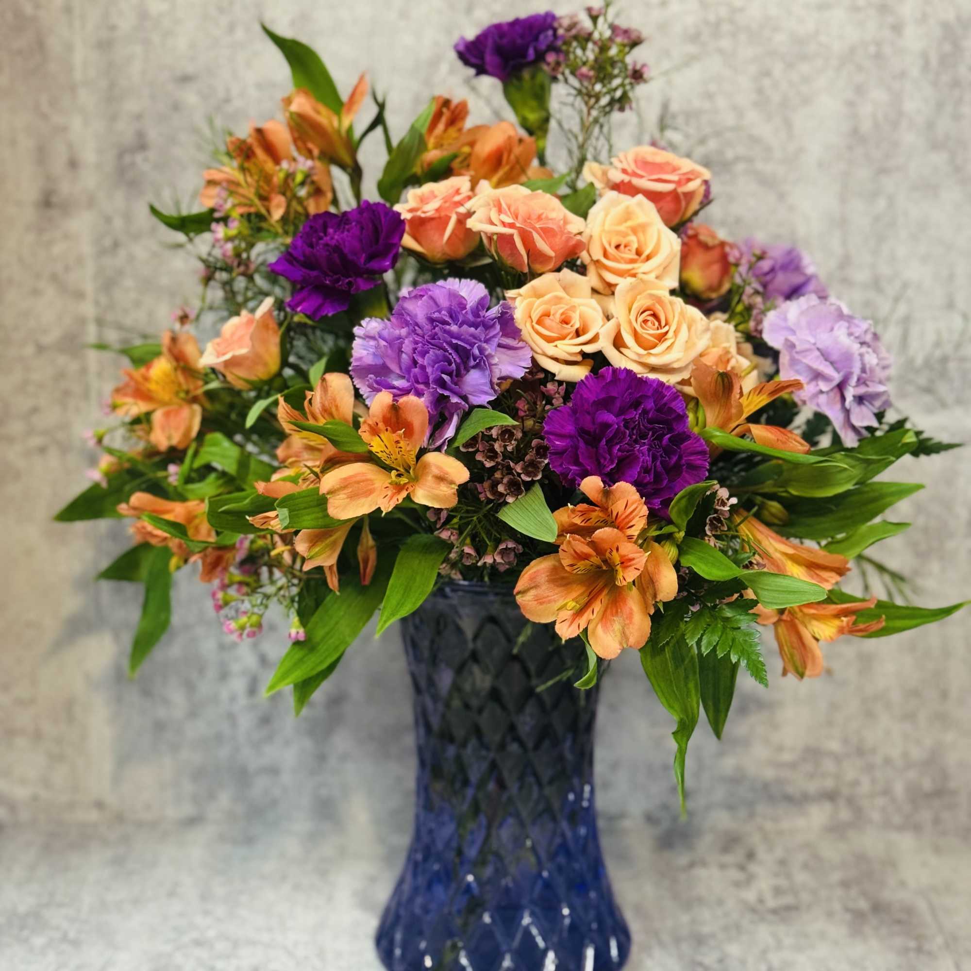 Colored Vase with coordinating flowers to match! Spray Roses, Carnations, Alstromeria, filler