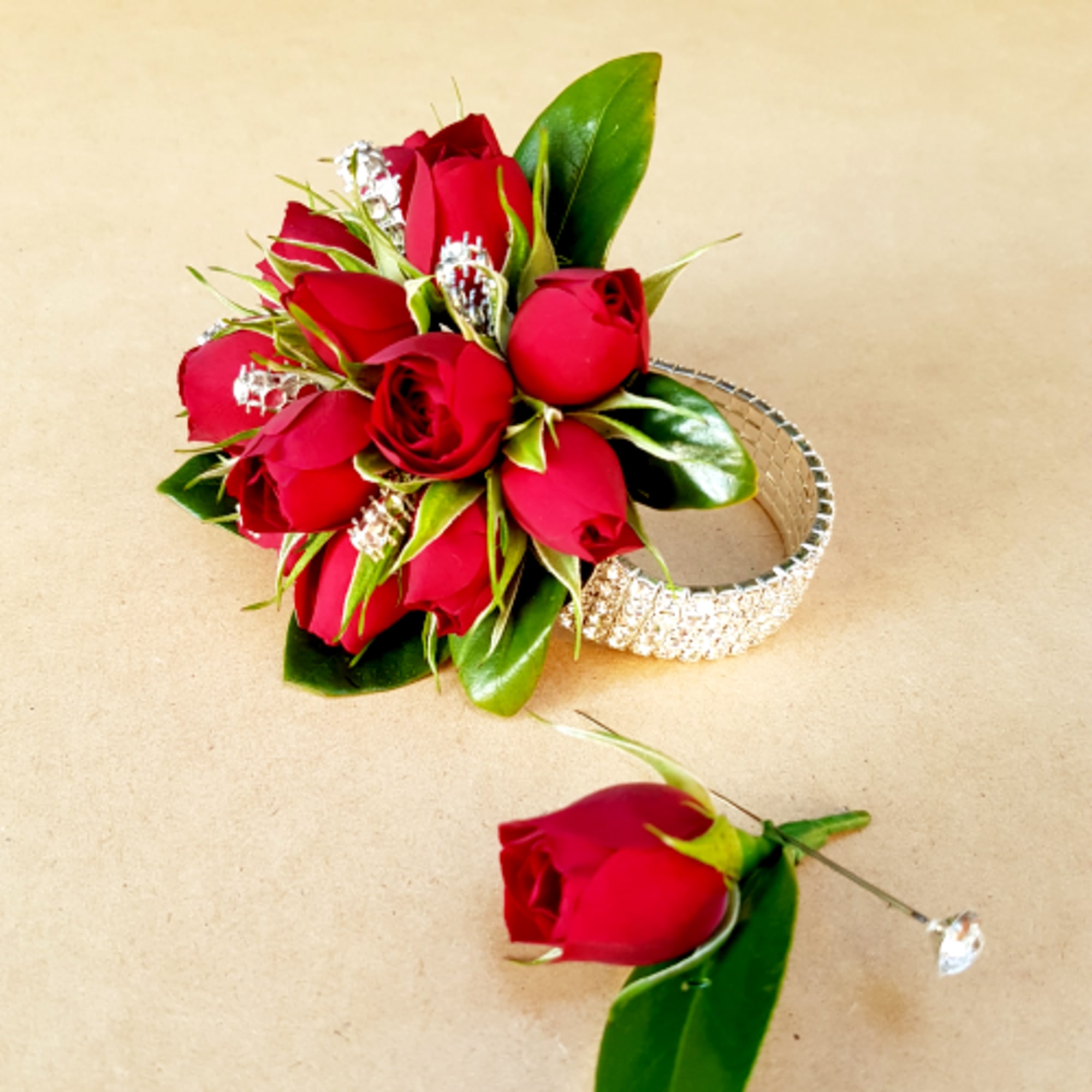 Corsage Set consists of a wristlet corsage and boutonni&egrave;re for Weddings, Renewals
