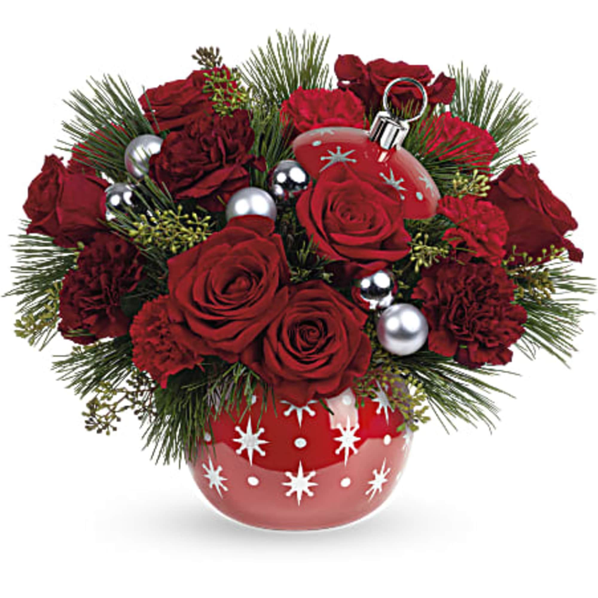 Glorious red roses and fresh white pine sit in a shimmering, hand-painted