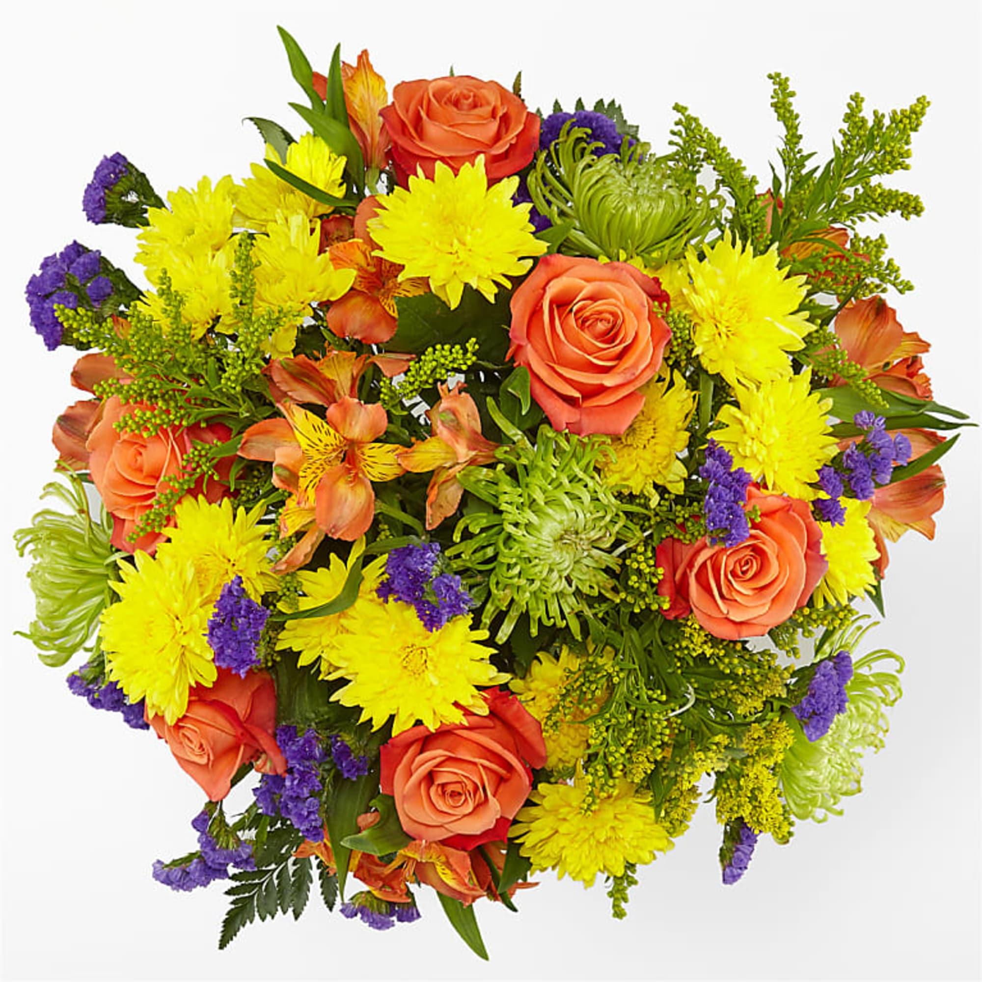 Flowers of yellow and green, and pops of orange and purple. Full