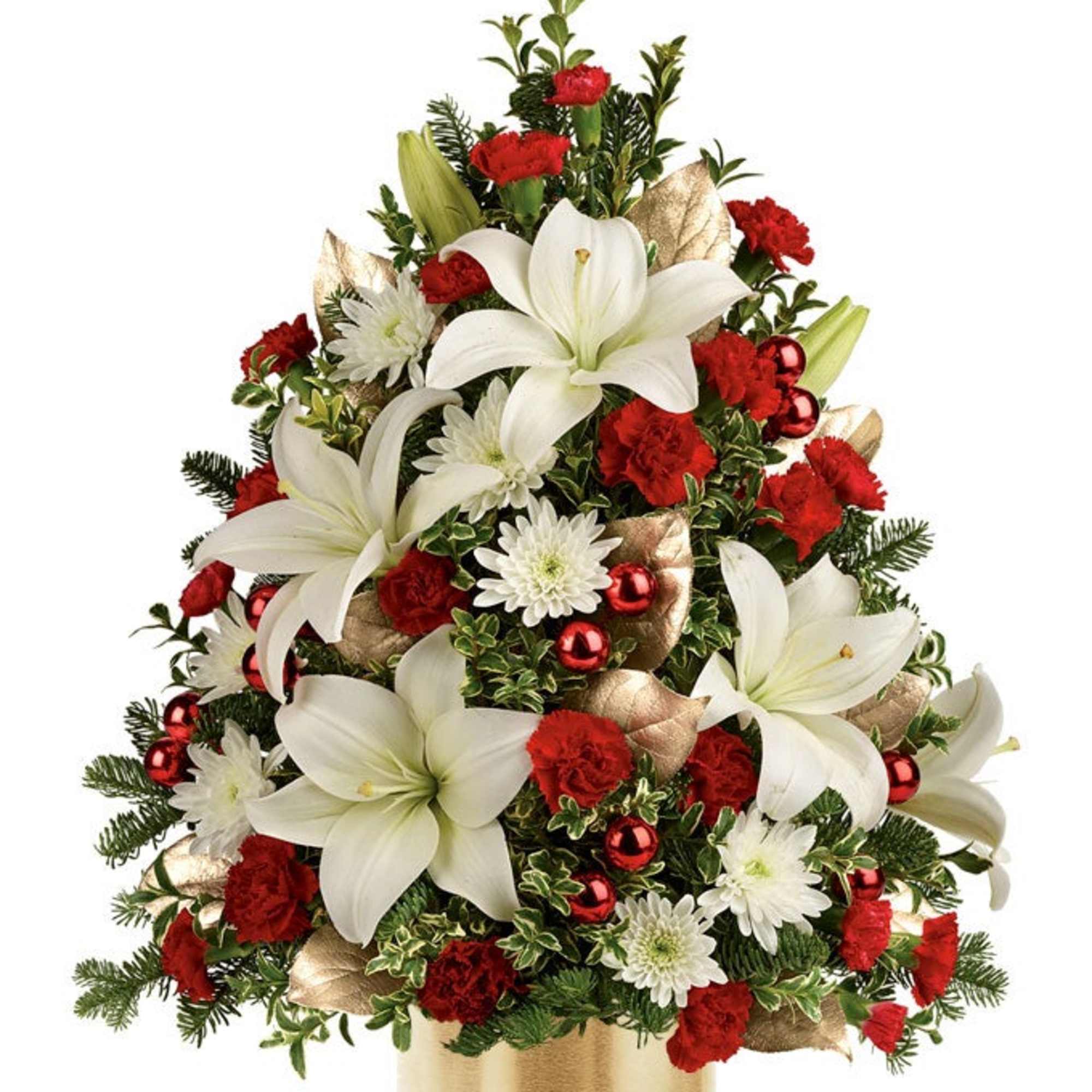 A delightful boxwood tree is adorned with flowers and ornaments for the