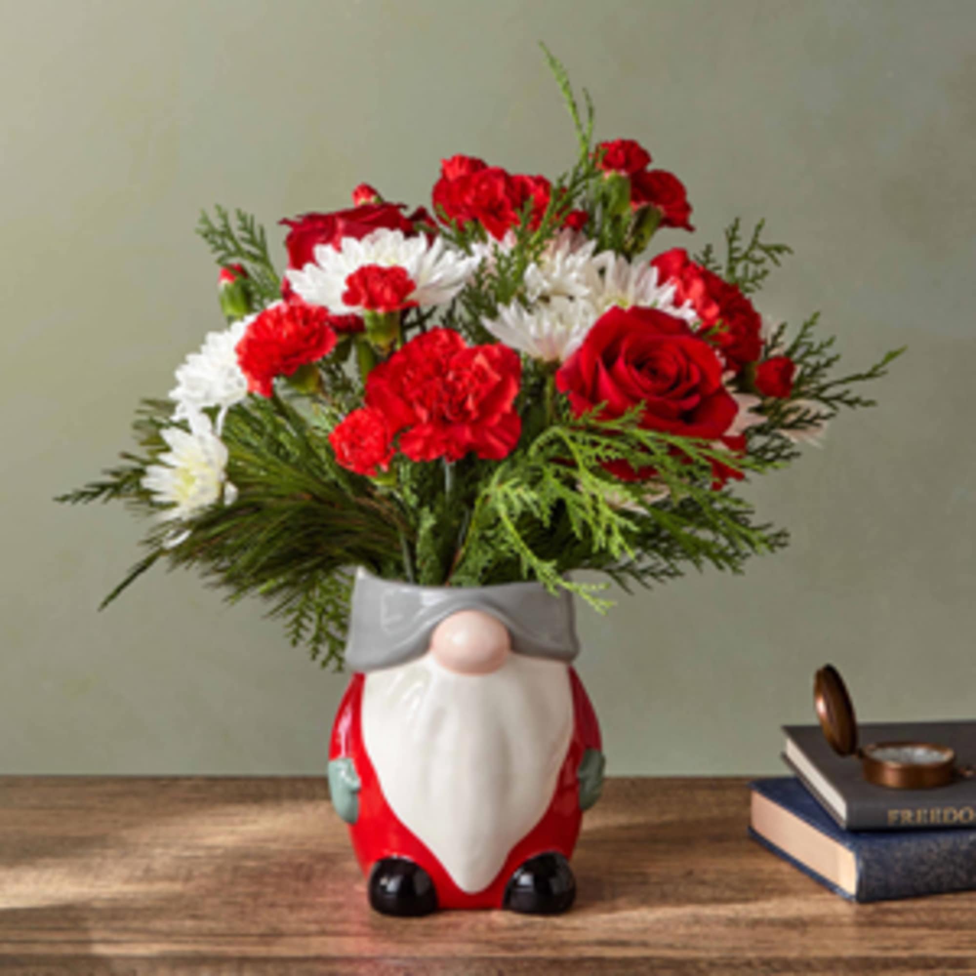 Red Roses, Red Standard Carnations, White Cushions, Red mini Carnations , Assorted