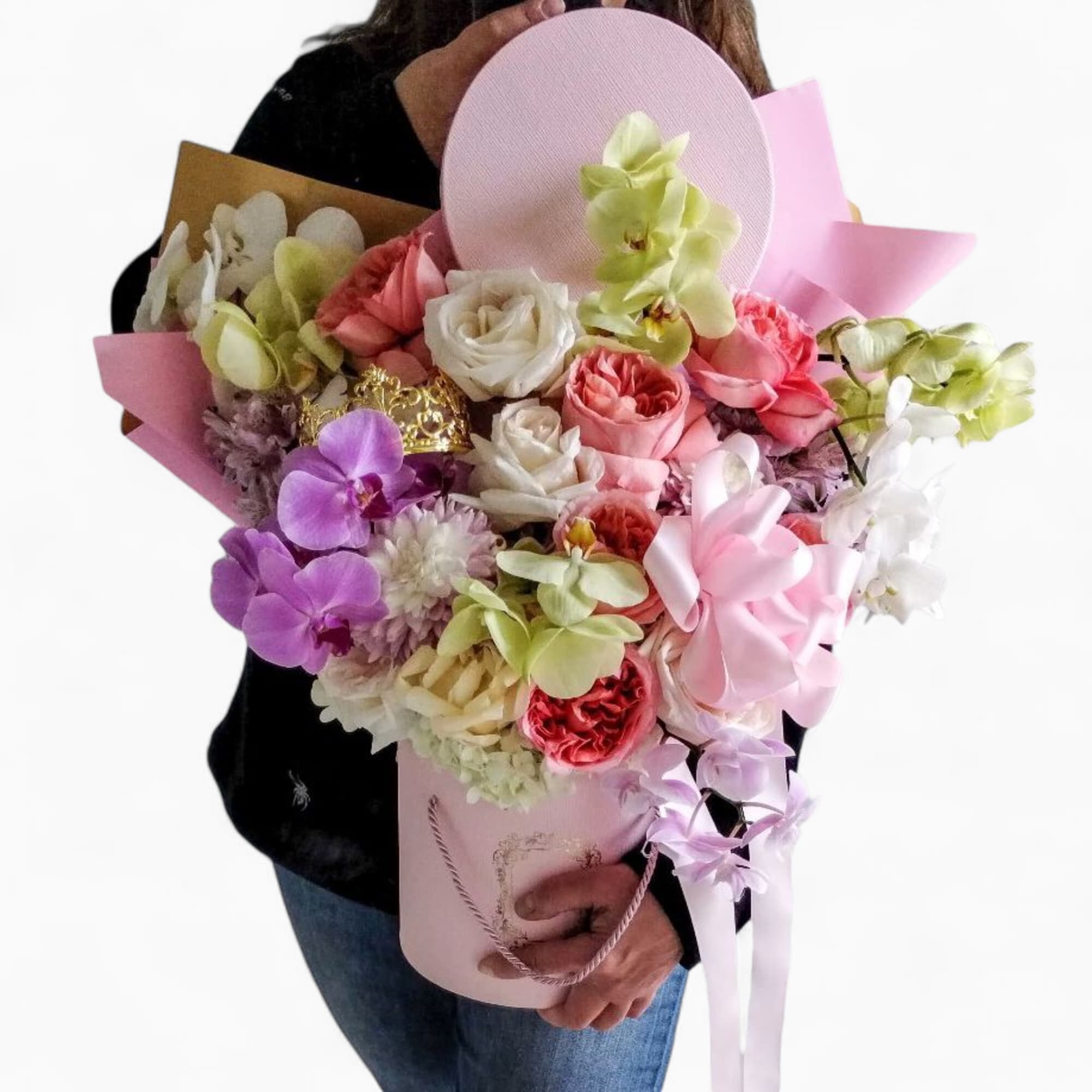 Send this beautiful large flower bouquet arranged in a pink hat box