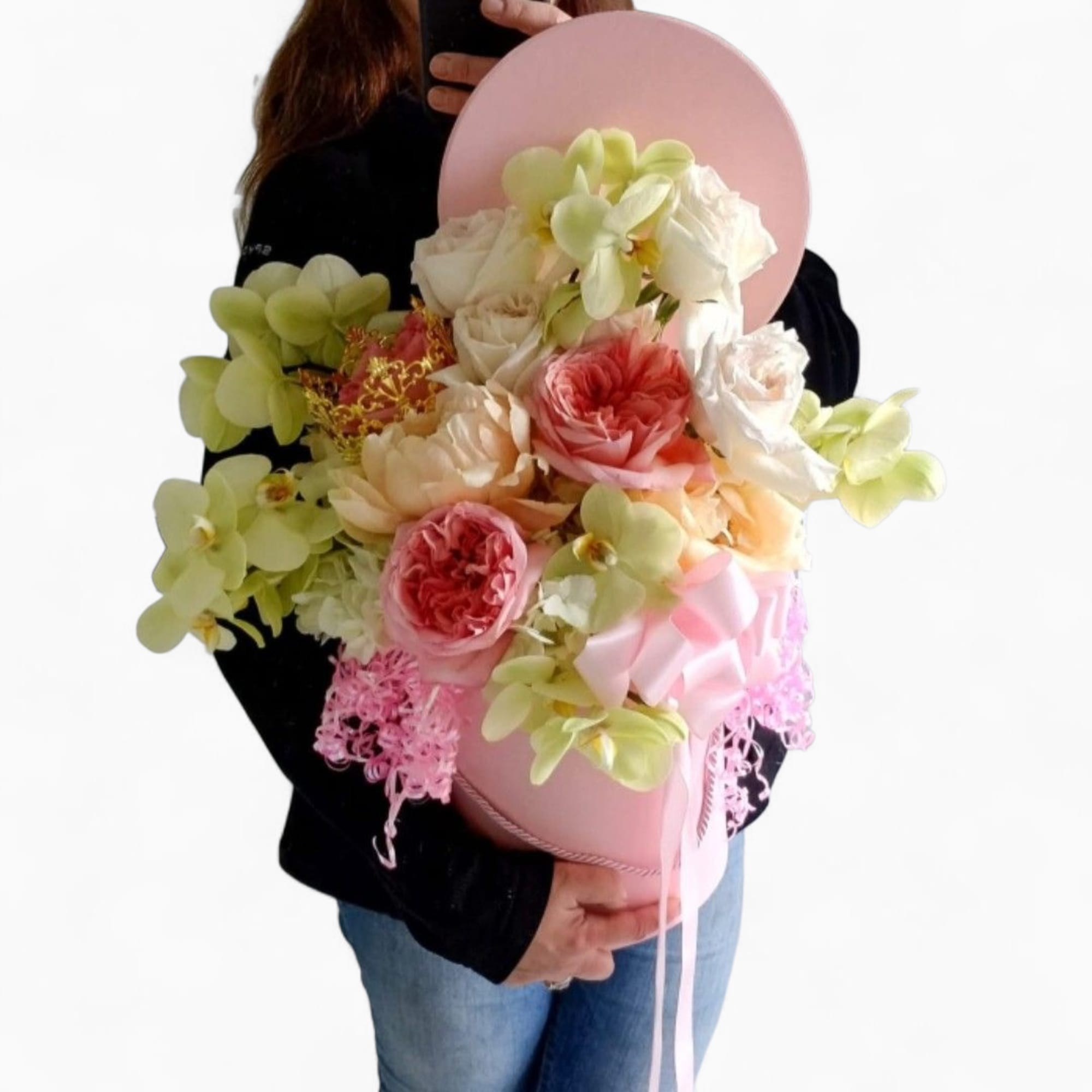 Send this beautiful large flower bouquet arranged in a pink hat box