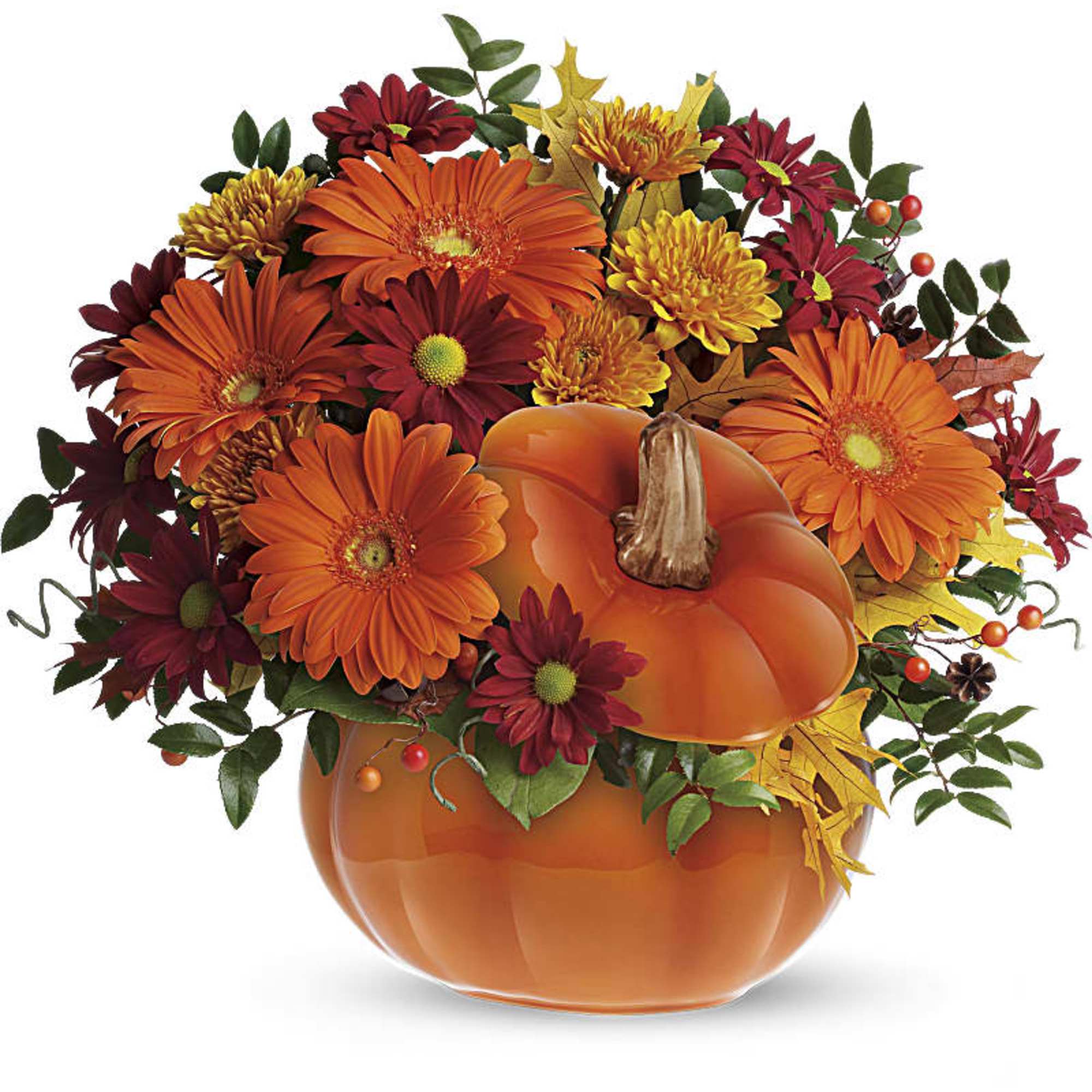 Ceramic keepsake pumpkin filled with fall colors of flowers