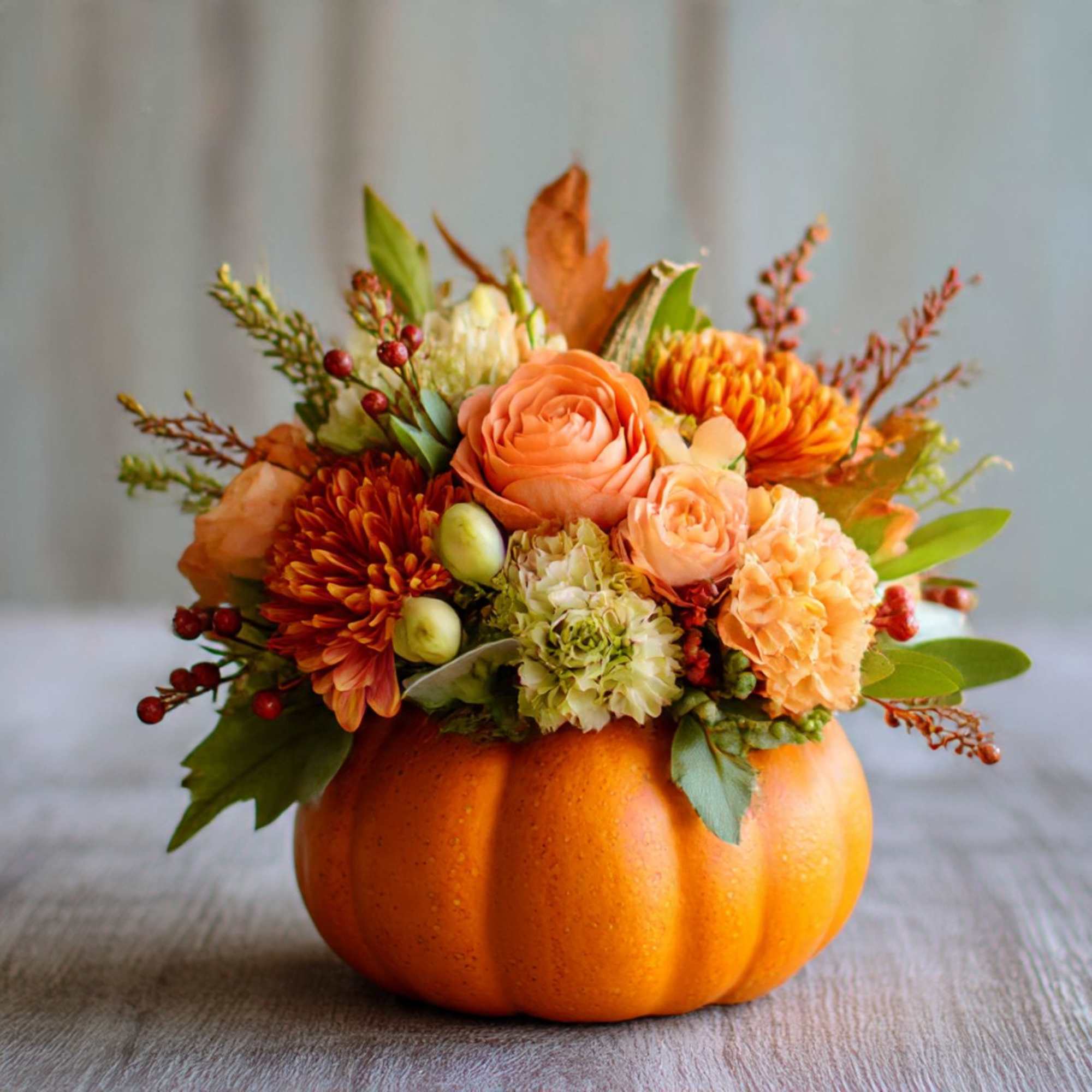 Celebrate the sweetness of fall with this charming pumpkin arrangement! Nestled inside