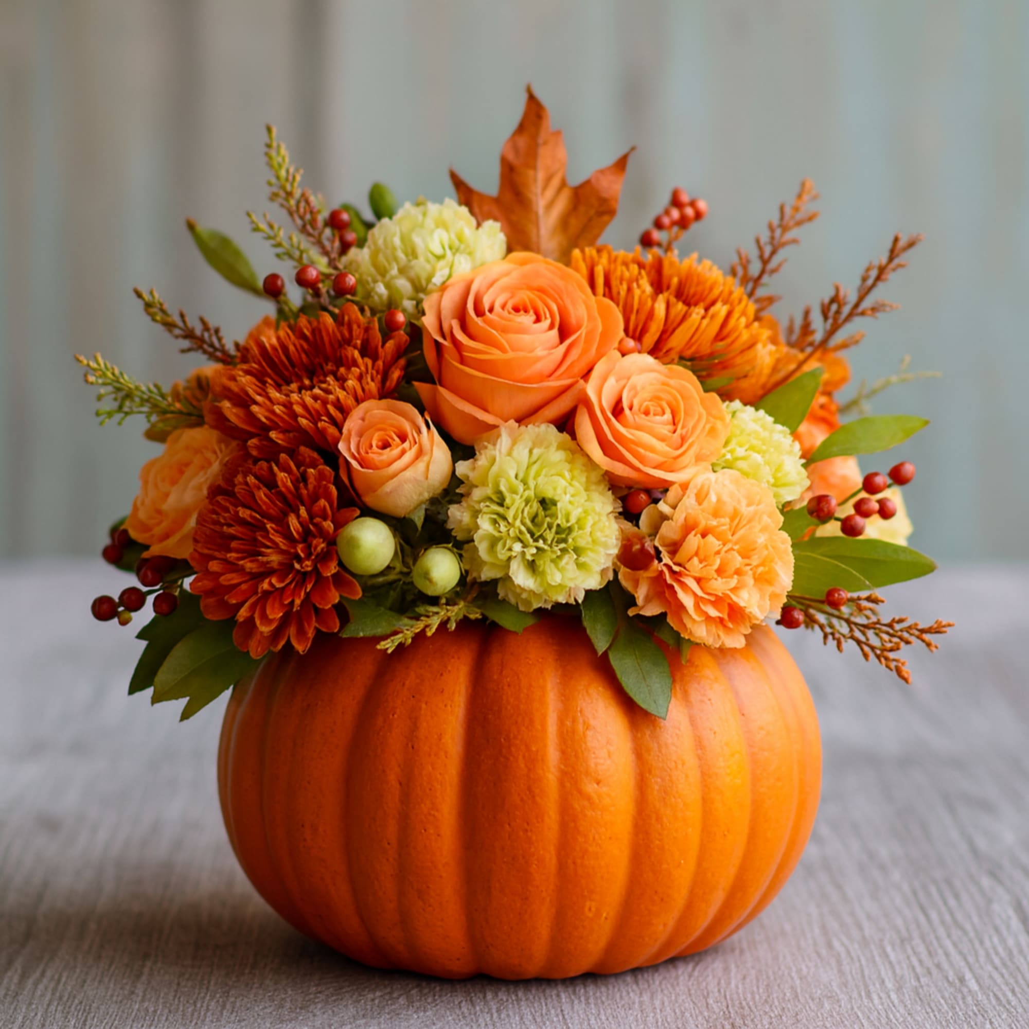 Celebrate the sweetness of fall with this charming pumpkin arrangement! Nestled inside