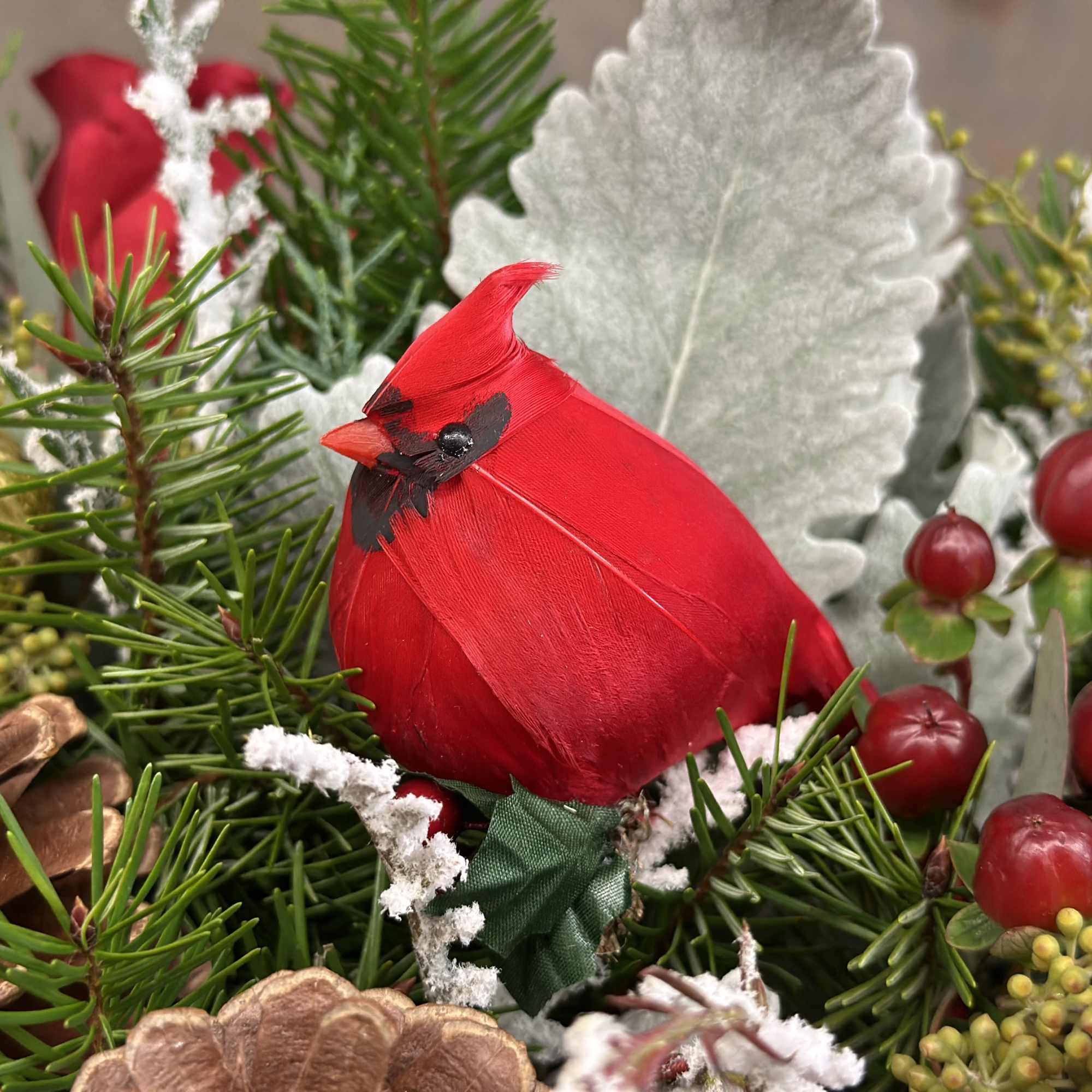 This elegant Christmas centerpiece has all the beautiful elements for a warm
